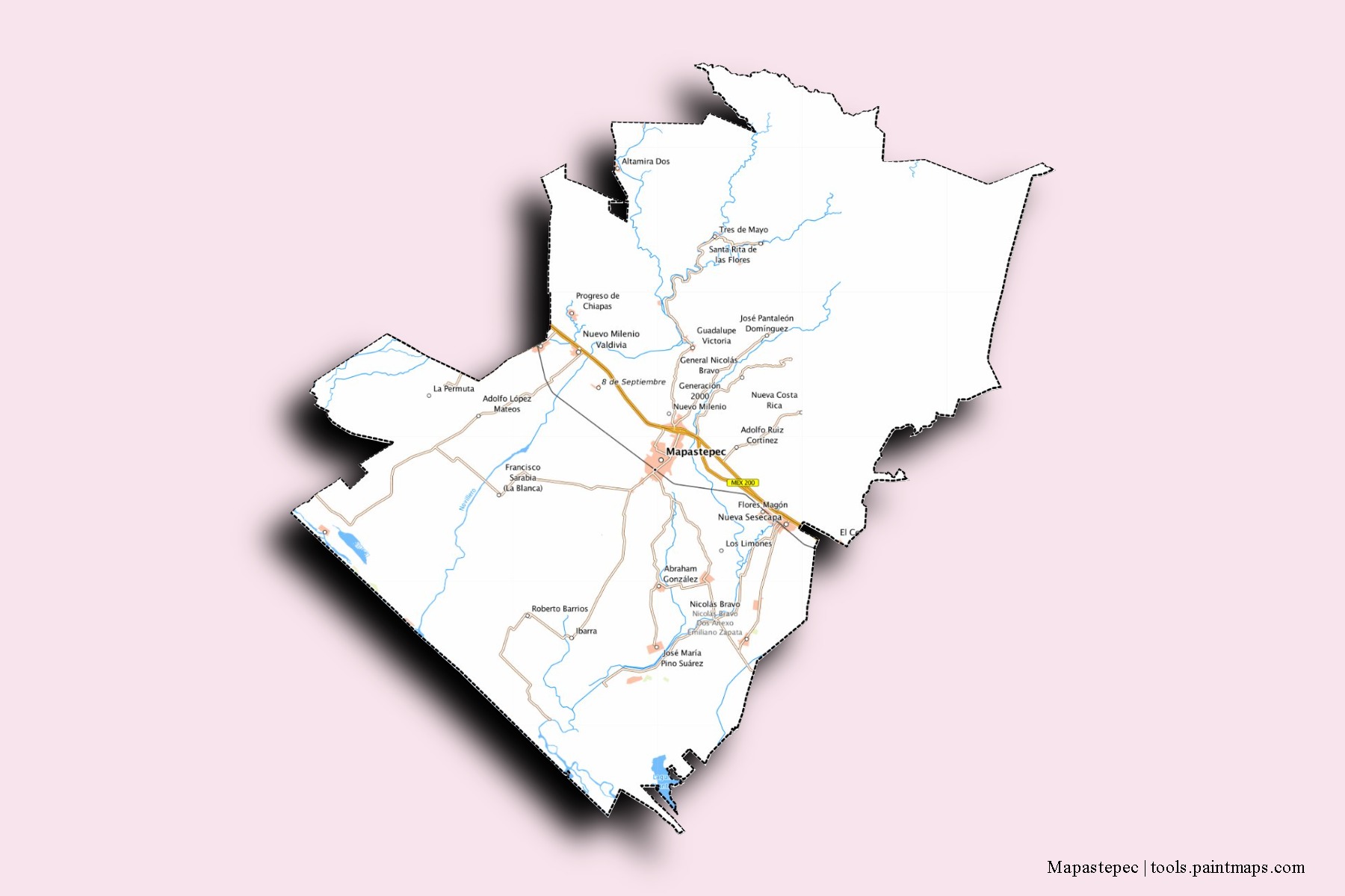 Mapa de barrios y pueblos de Mapastepec con efecto de sombra 3D