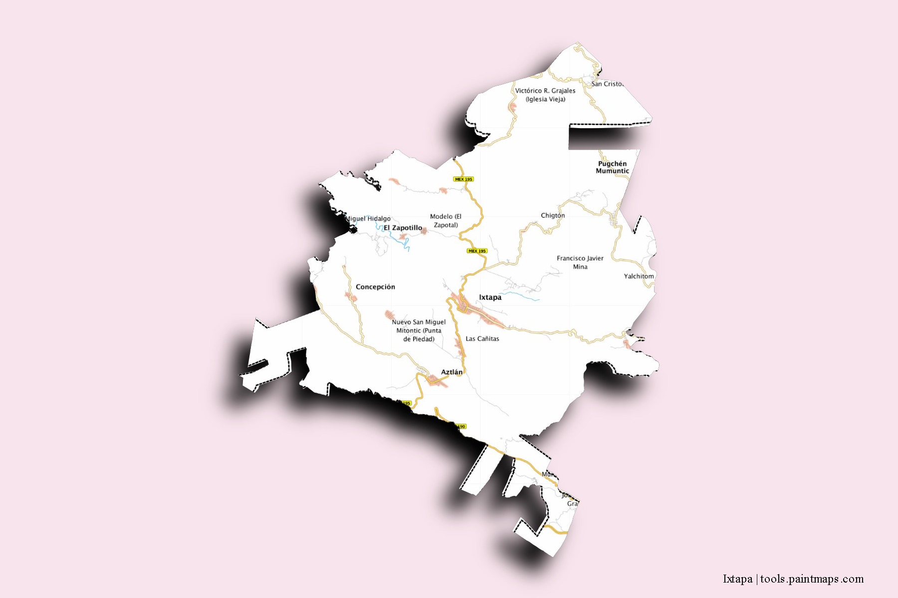 Mapa de barrios y pueblos de Ixtapa con efecto de sombra 3D