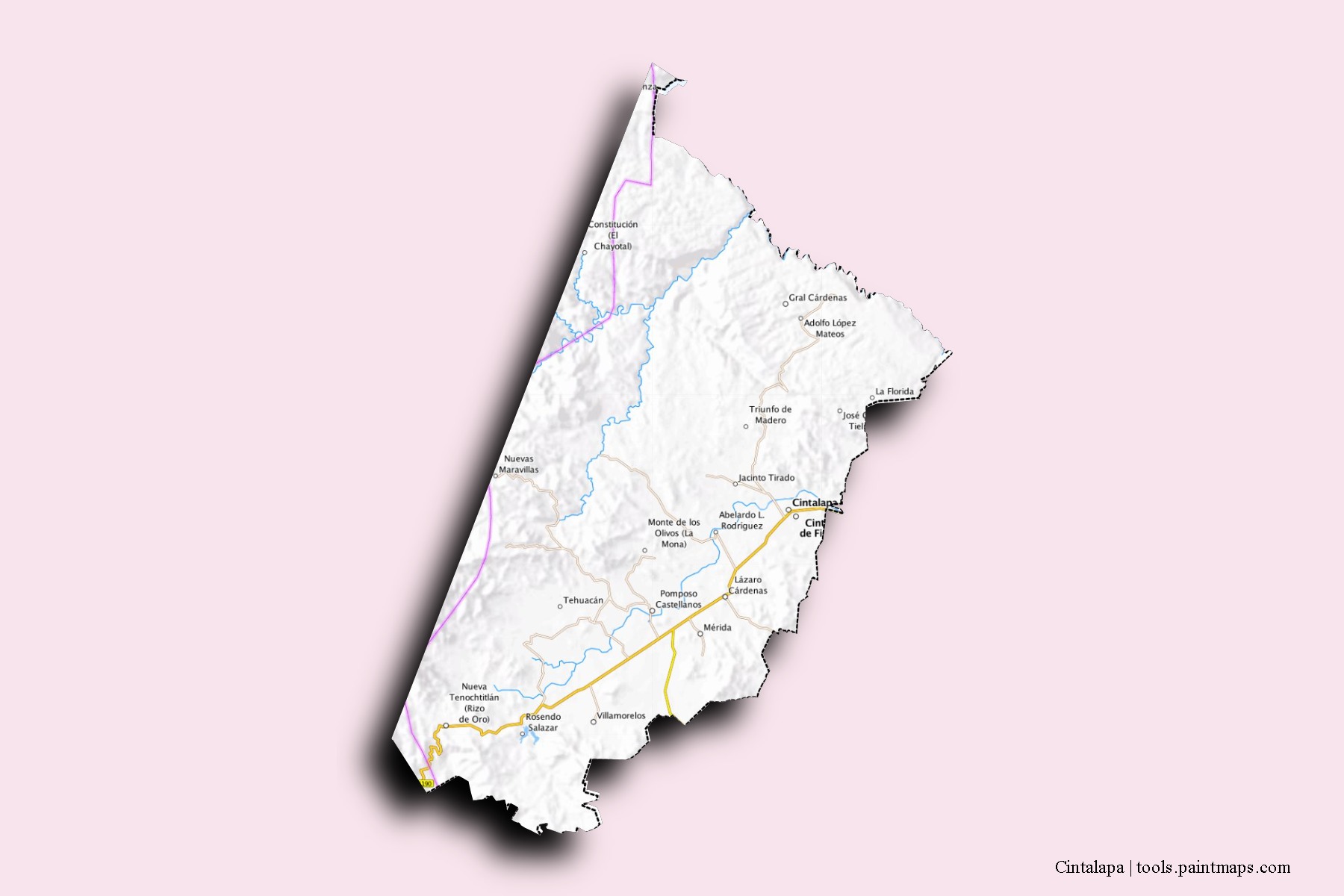 Mapa de barrios y pueblos de Cintalapa con efecto de sombra 3D