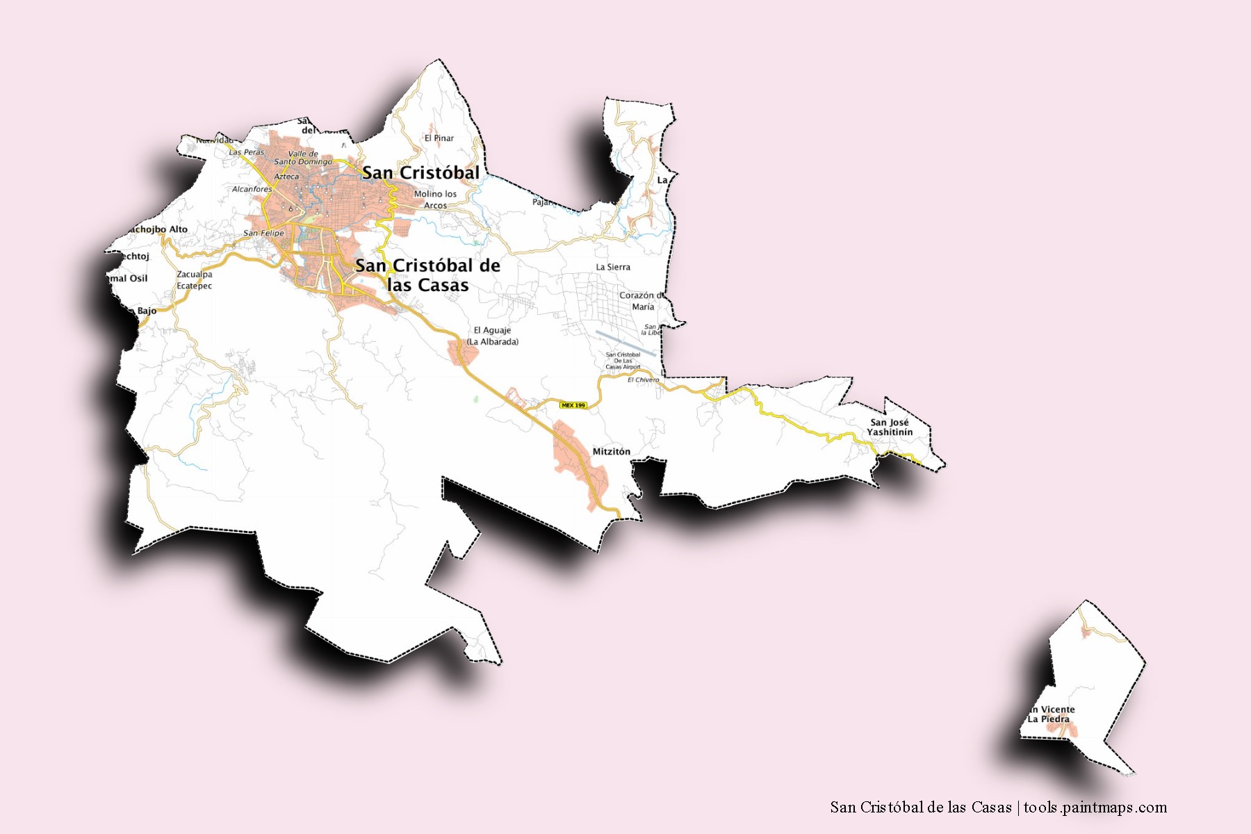 San Cristóbal de las Casas neighborhoods and villages map with 3D shadow effect