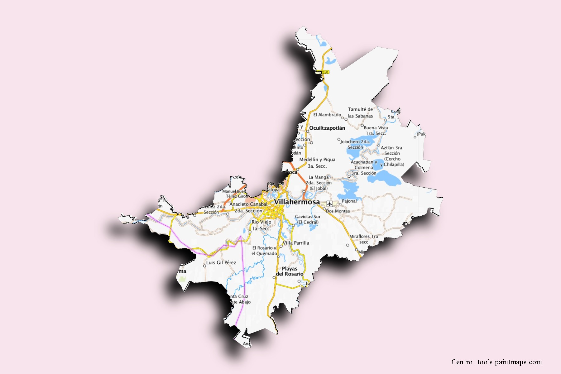 Centro neighborhoods and villages map with 3D shadow effect