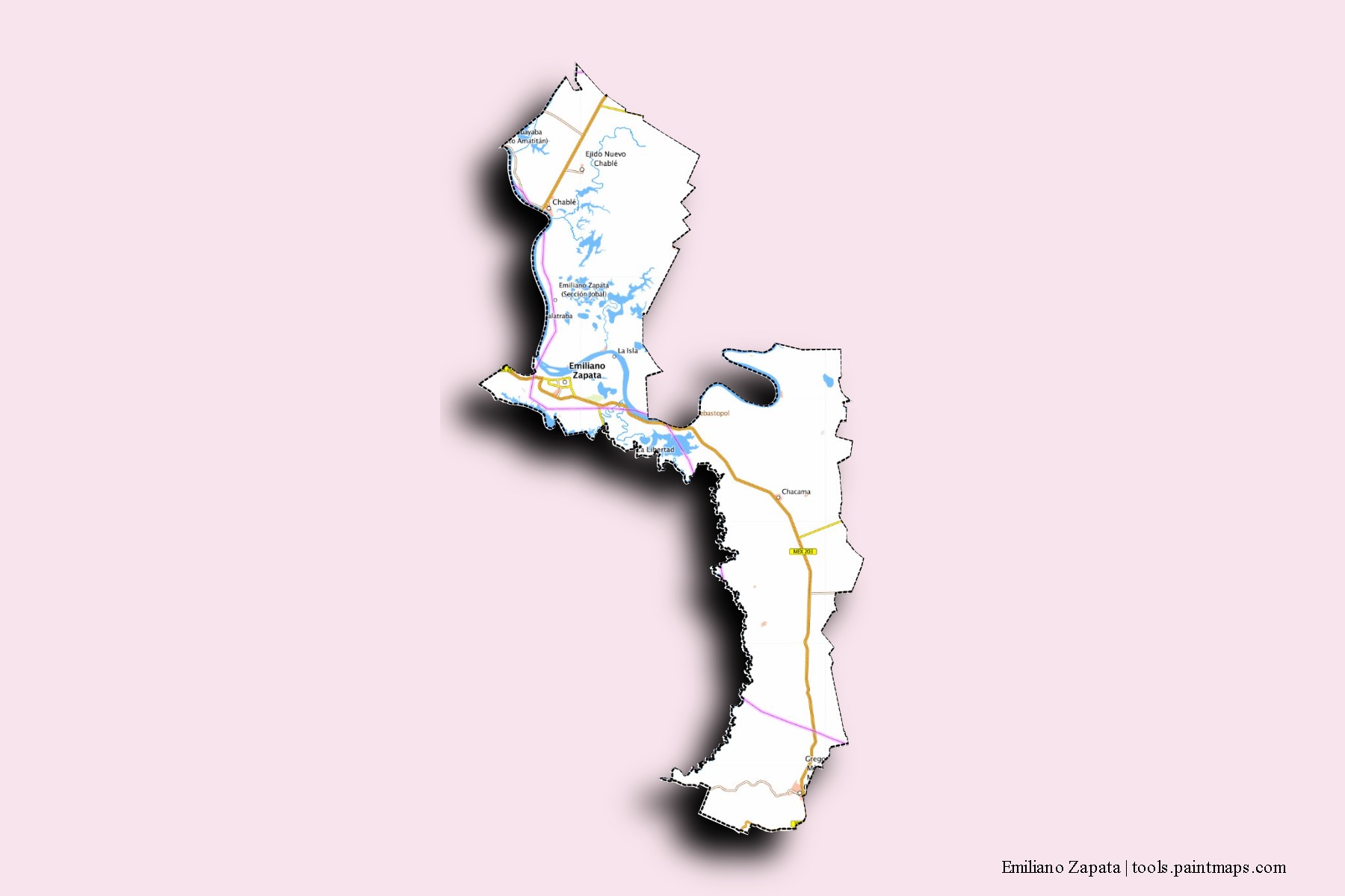 Emiliano Zapata neighborhoods and villages map with 3D shadow effect