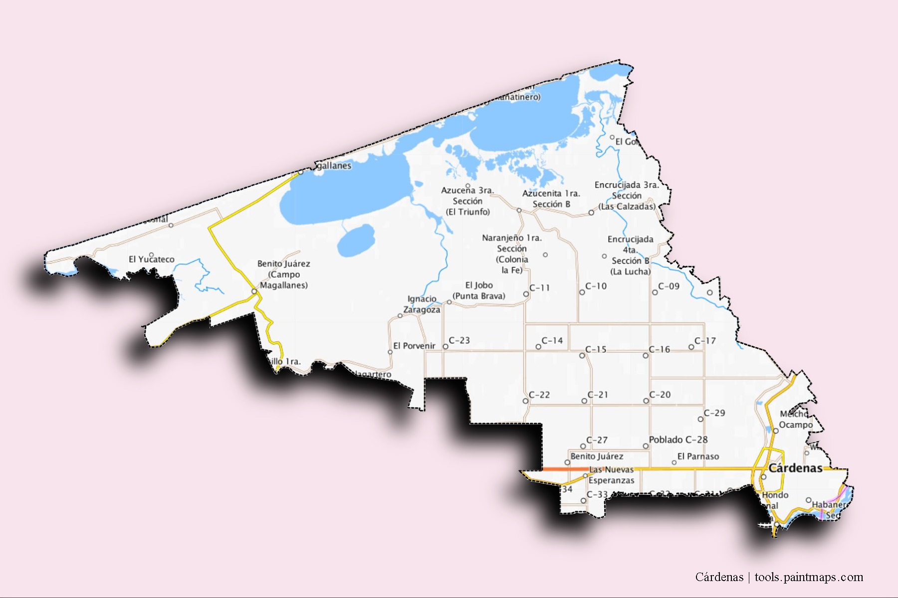 3D gölge efektli Cárdenas mahalleleri ve köyleri haritası