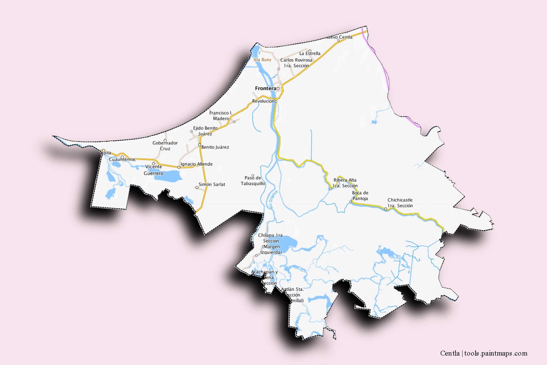 Centla neighborhoods and villages map with 3D shadow effect