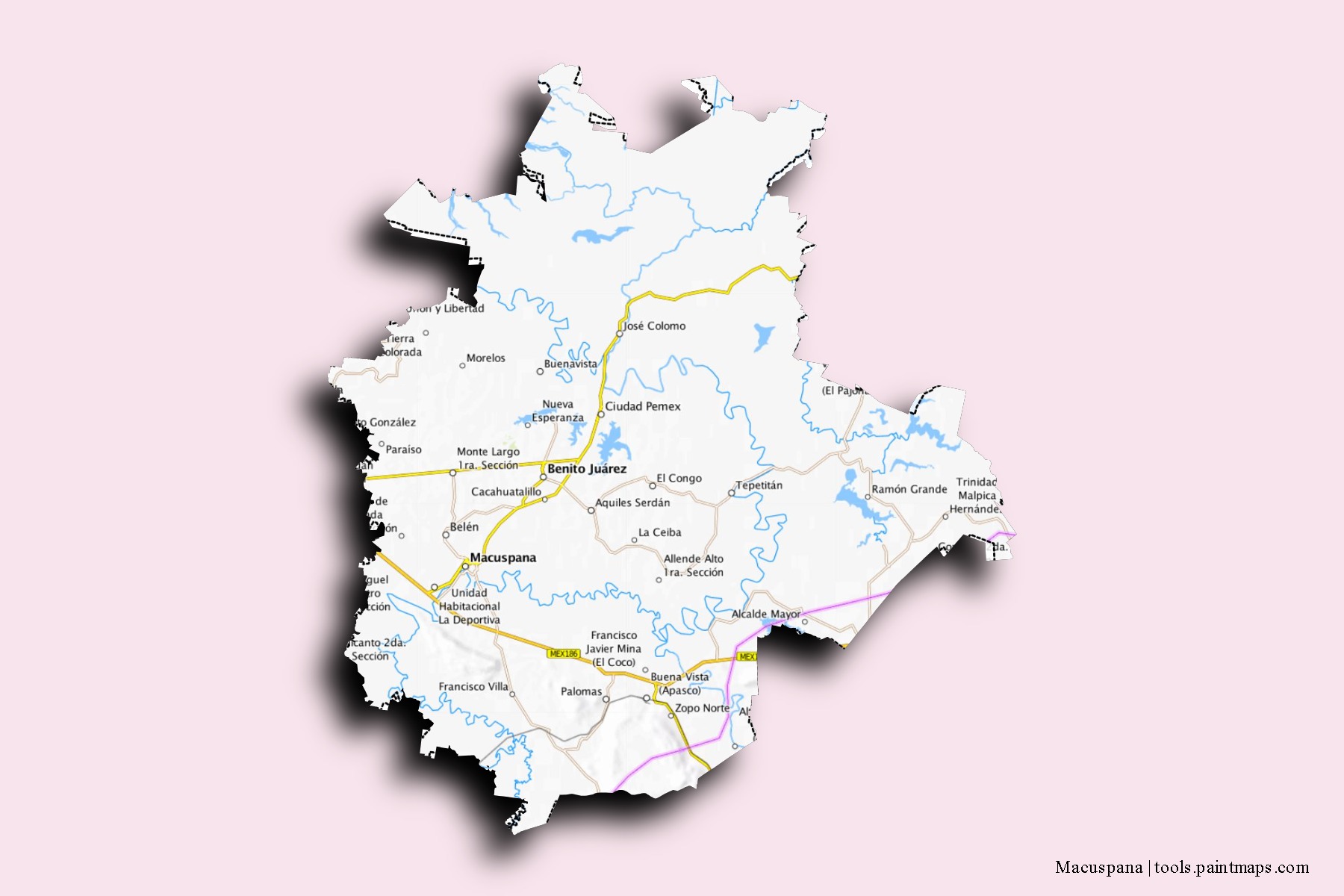 Mapa de barrios y pueblos de Macuspana con efecto de sombra 3D