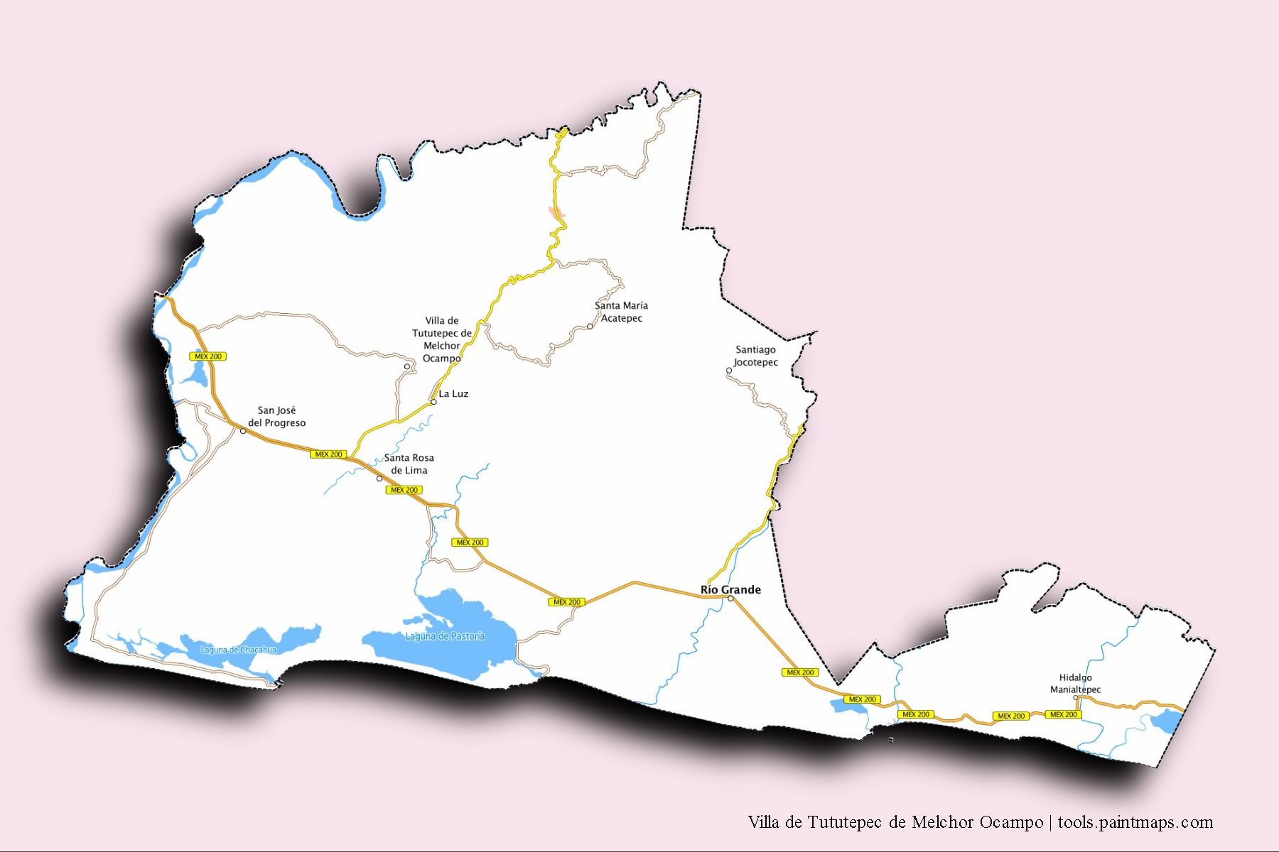 Villa de Tututepec de Melchor Ocampo neighborhoods and villages map with 3D shadow effect