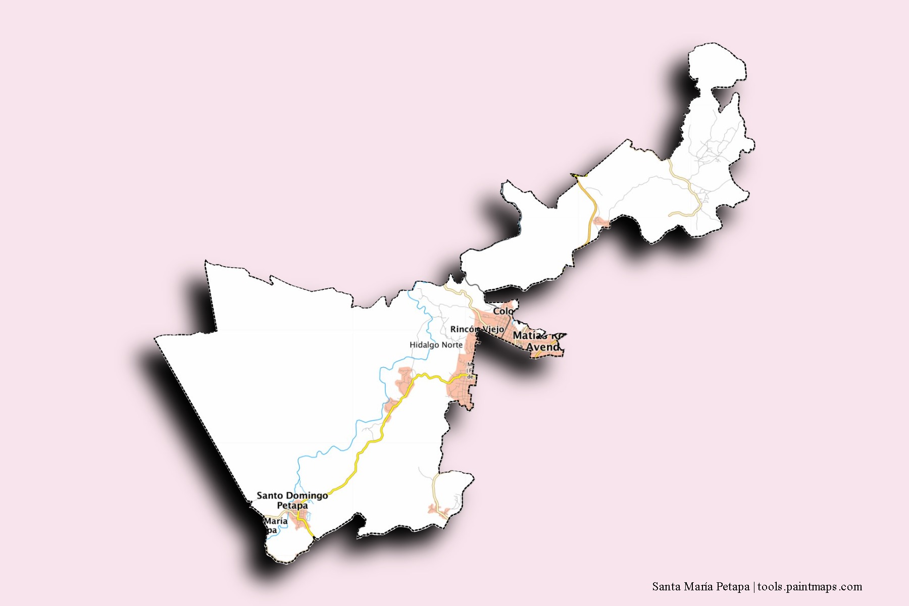 Mapa de barrios y pueblos de Santa María Petapa con efecto de sombra 3D