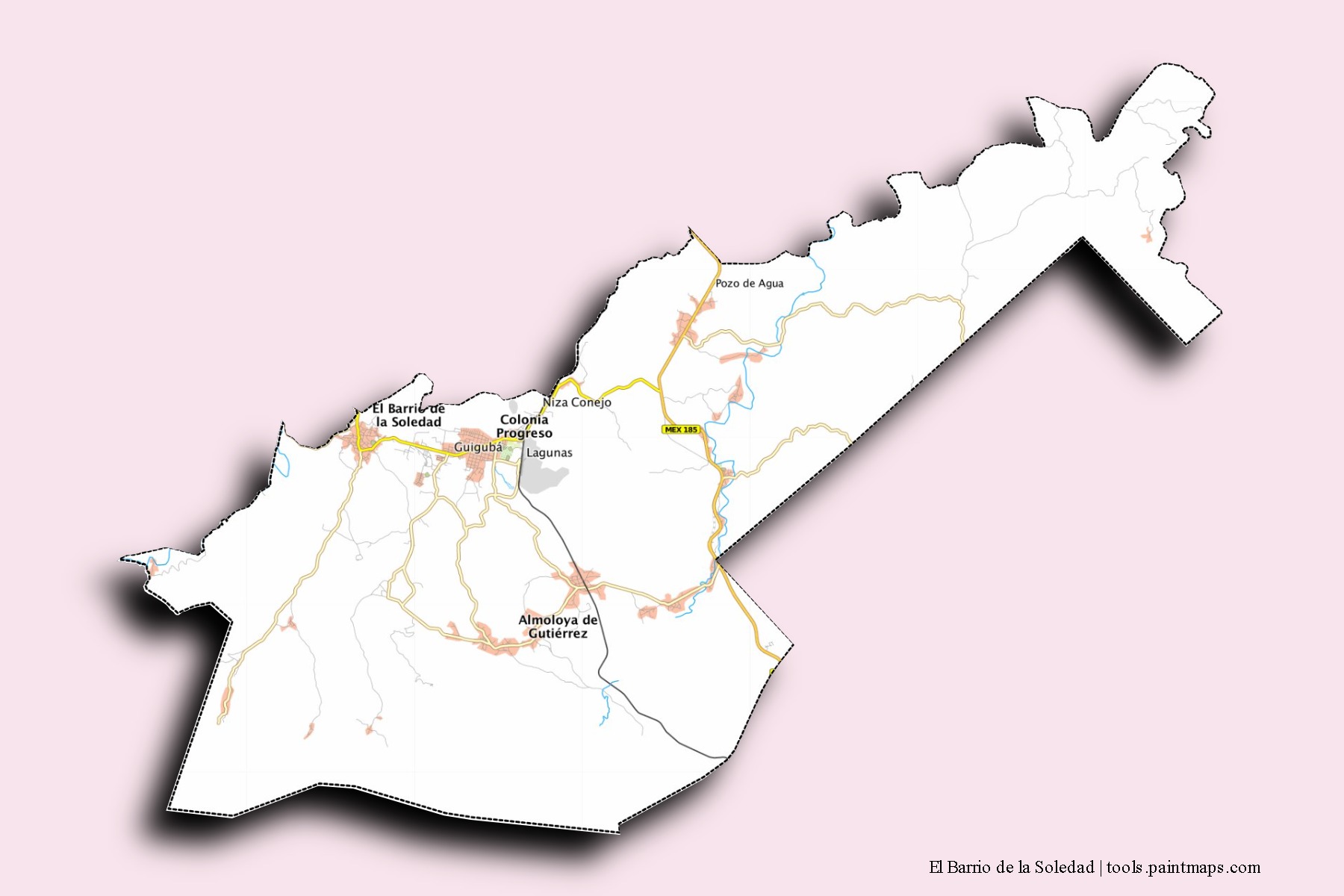 3D gölge efektli El Barrio de la Soledad mahalleleri ve köyleri haritası