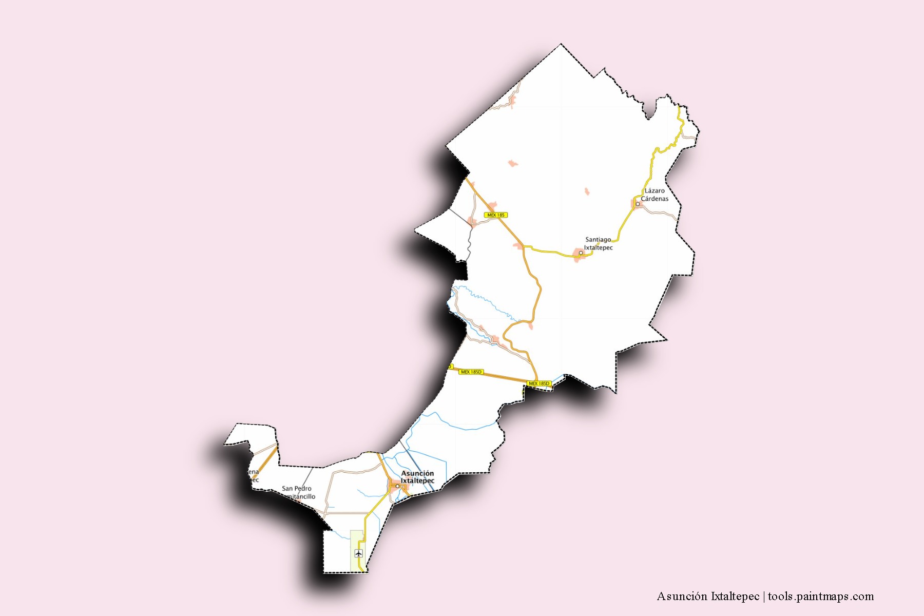 Asunción Ixtaltepec neighborhoods and villages map with 3D shadow effect