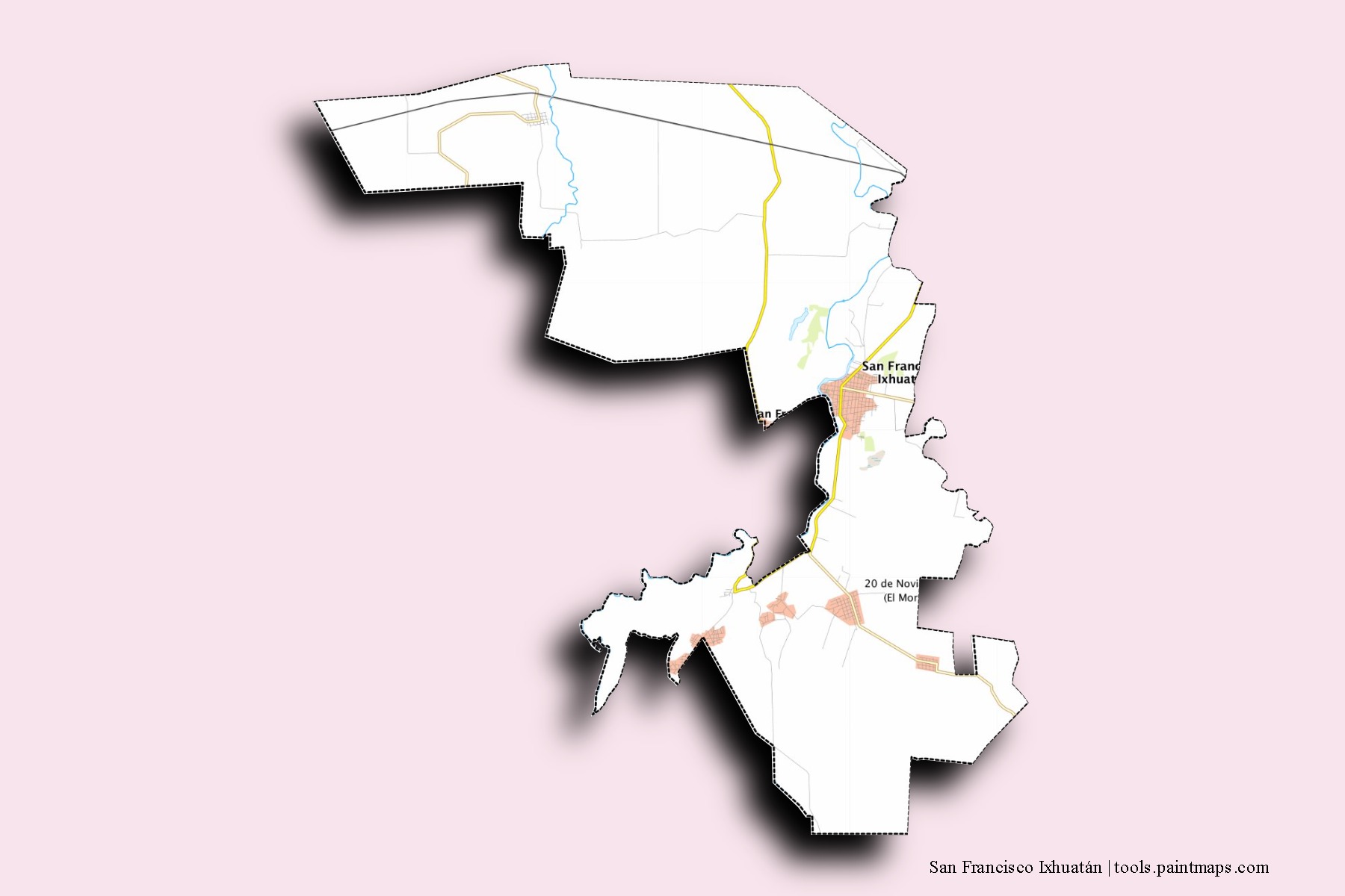 3D gölge efektli San Francisco Ixhuatán mahalleleri ve köyleri haritası