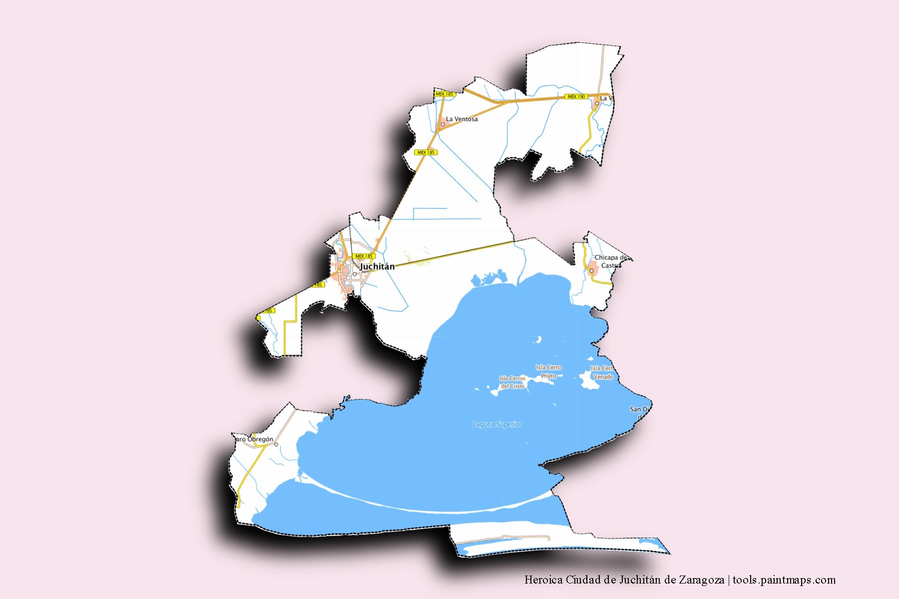 Mapa de barrios y pueblos de Heroica Ciudad de Juchitán de Zaragoza con efecto de sombra 3D