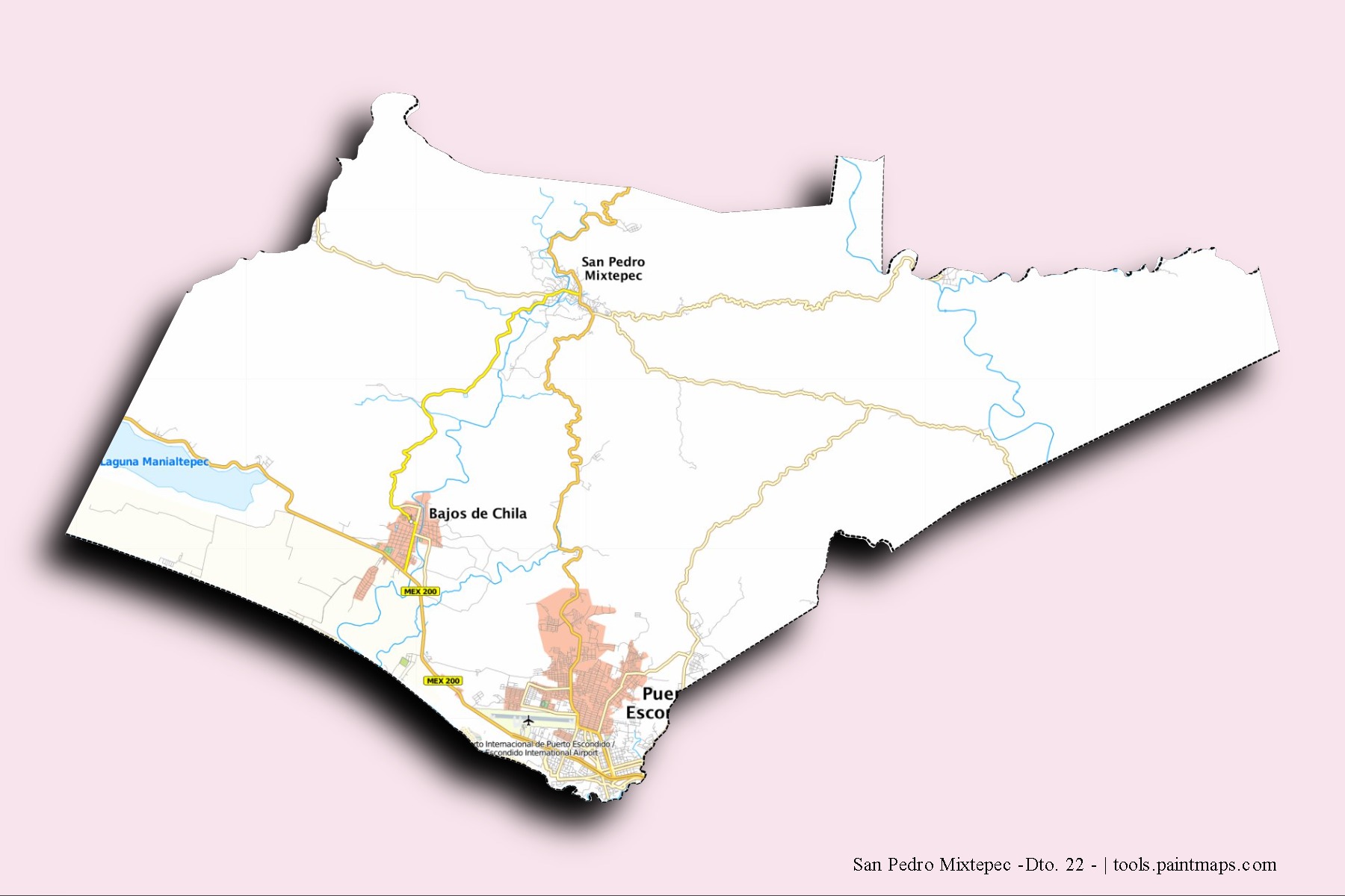 San Pedro Mixtepec Distrito 22 neighborhoods and villages map with 3D shadow effect