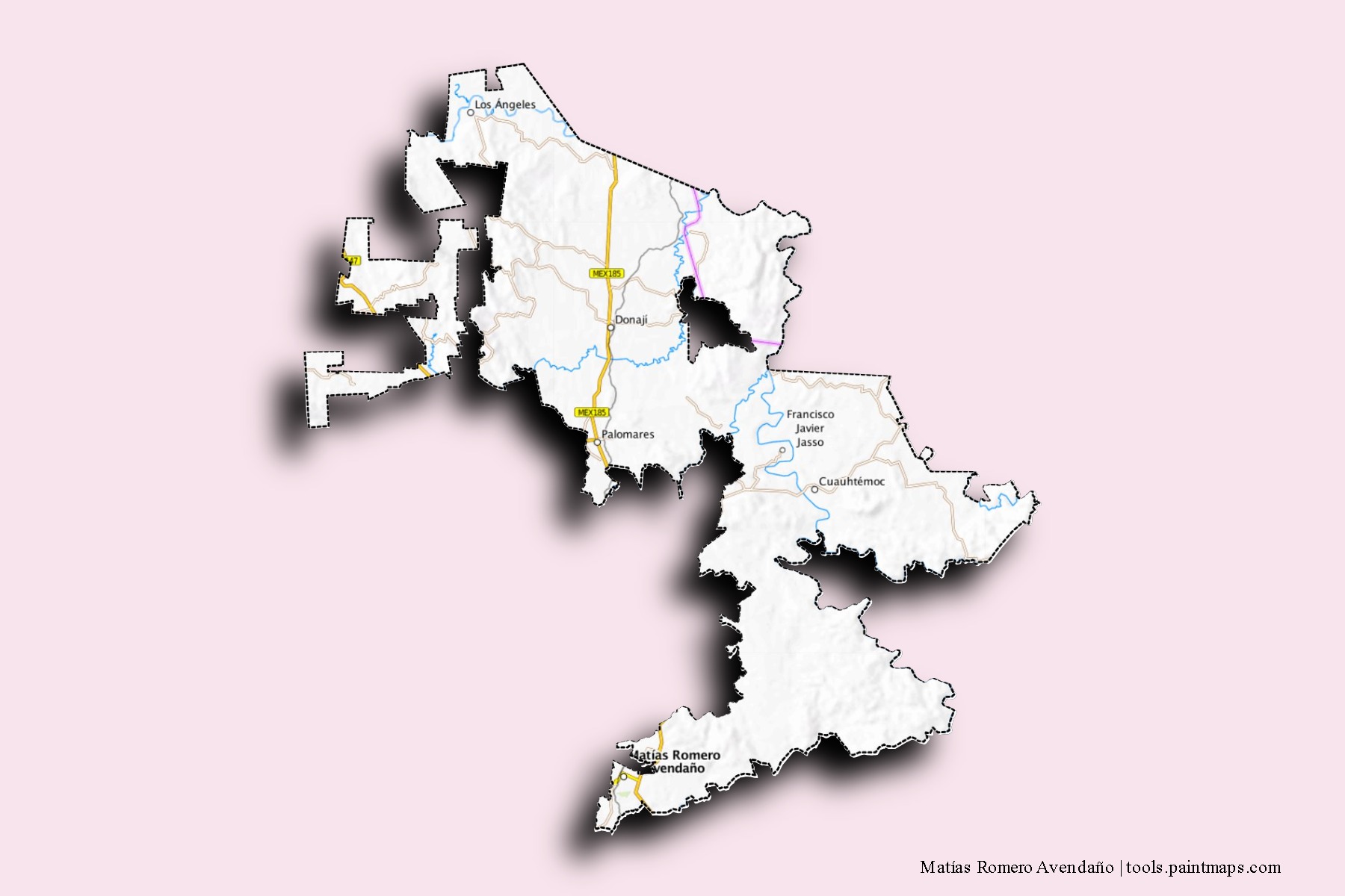 Matías Romero neighborhoods and villages map with 3D shadow effect