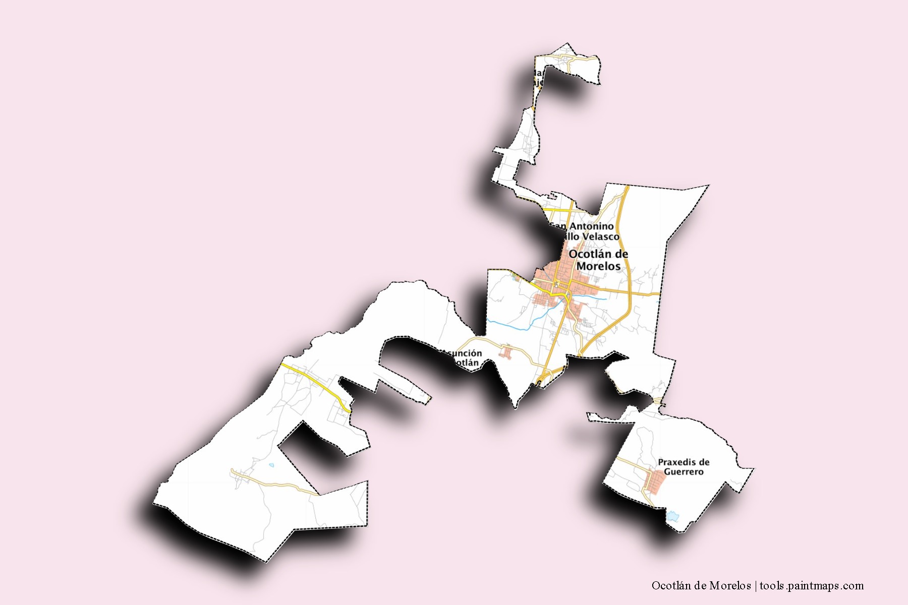 Ocotlán de Morelos neighborhoods and villages map with 3D shadow effect