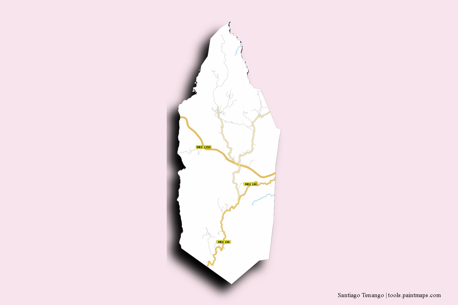 Santiago Tenango neighborhoods and villages map with 3D shadow effect