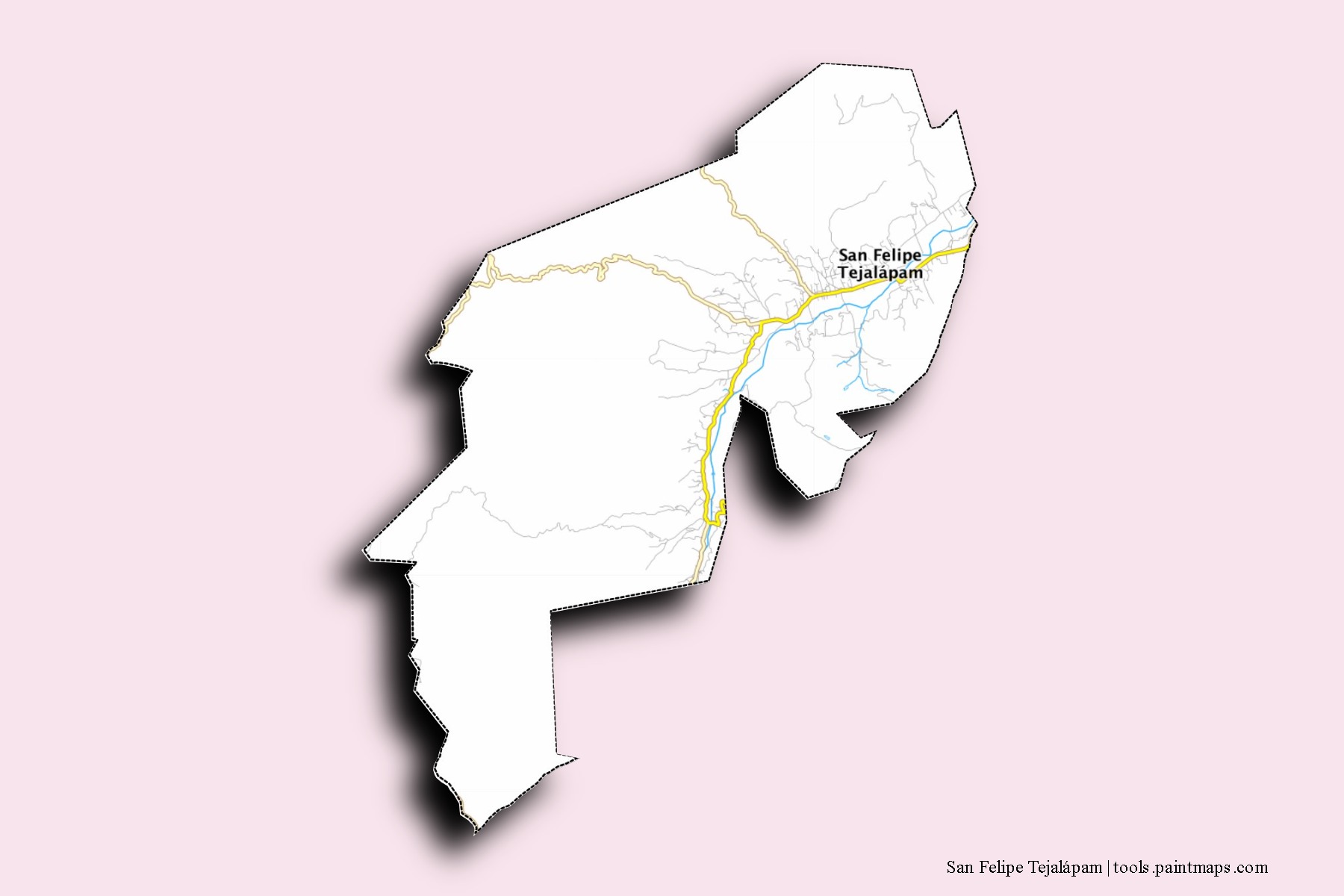 Mapa de barrios y pueblos de San Felipe Tejalápam con efecto de sombra 3D