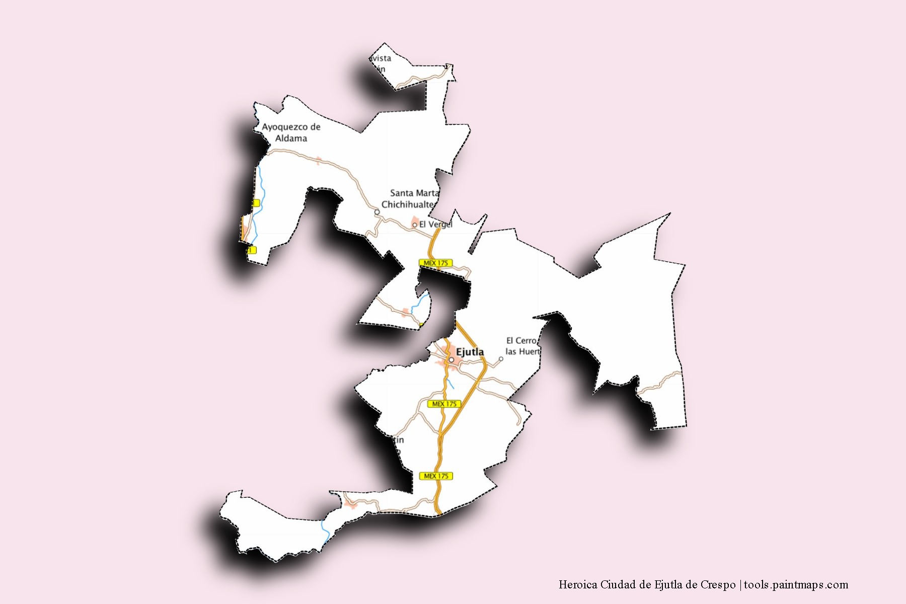 3D gölge efektli Heroica Ciudad de Ejutla de Crespo mahalleleri ve köyleri haritası