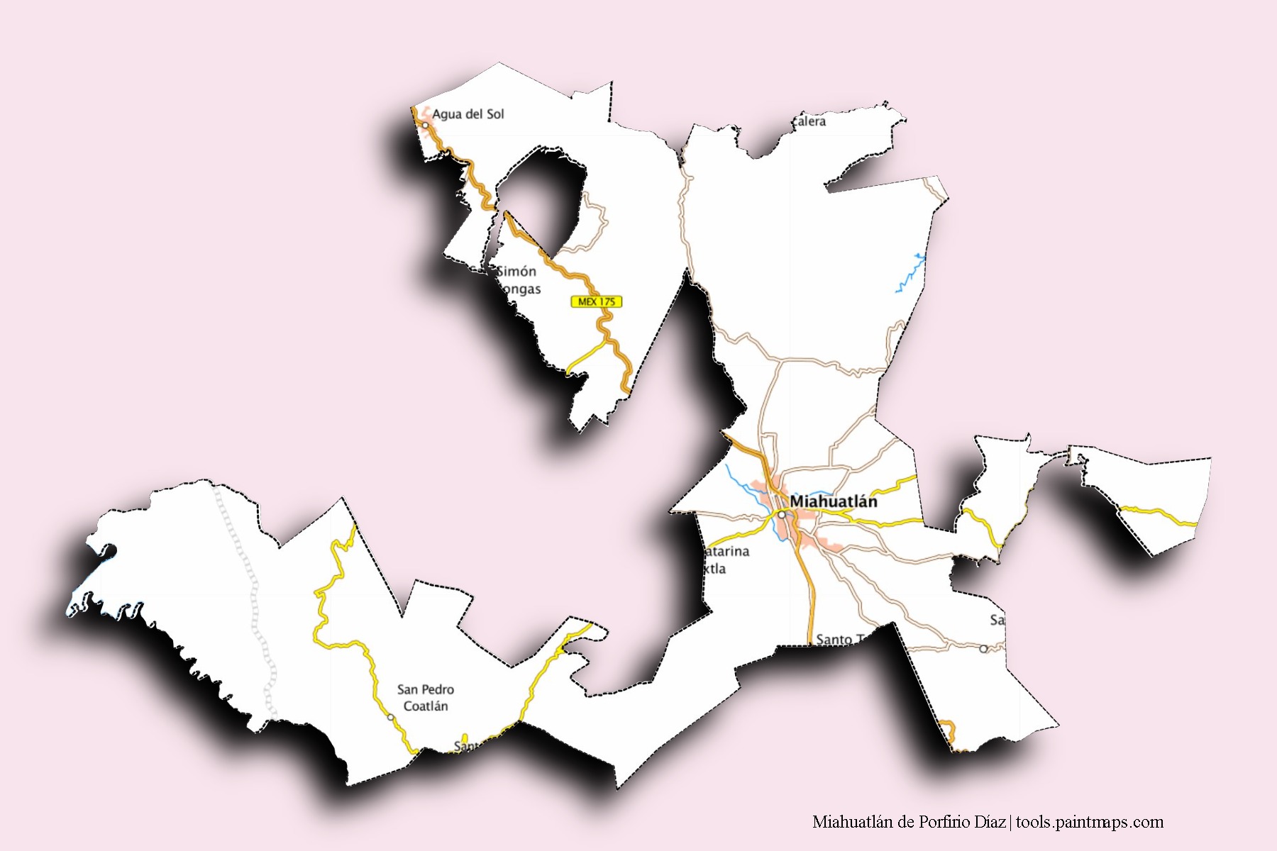 Mapa de barrios y pueblos de Miahuatlán de Porfirio Díaz con efecto de sombra 3D