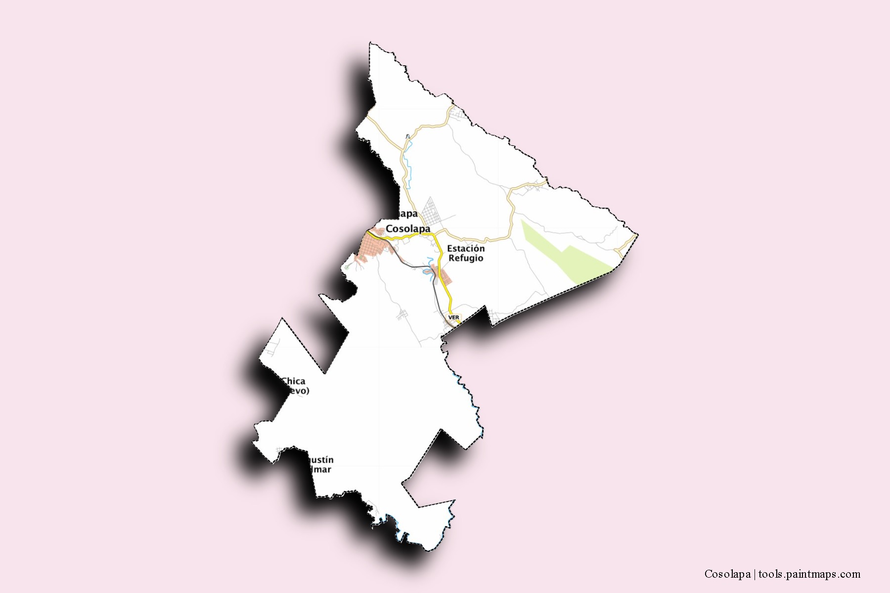 Mapa de barrios y pueblos de Cosolapa con efecto de sombra 3D