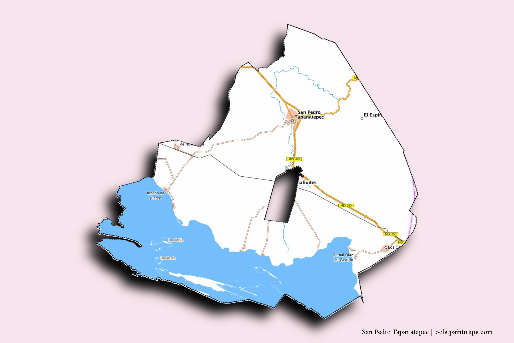 3D gölge efektli San Pedro Tapanatepec mahalleleri ve köyleri haritası