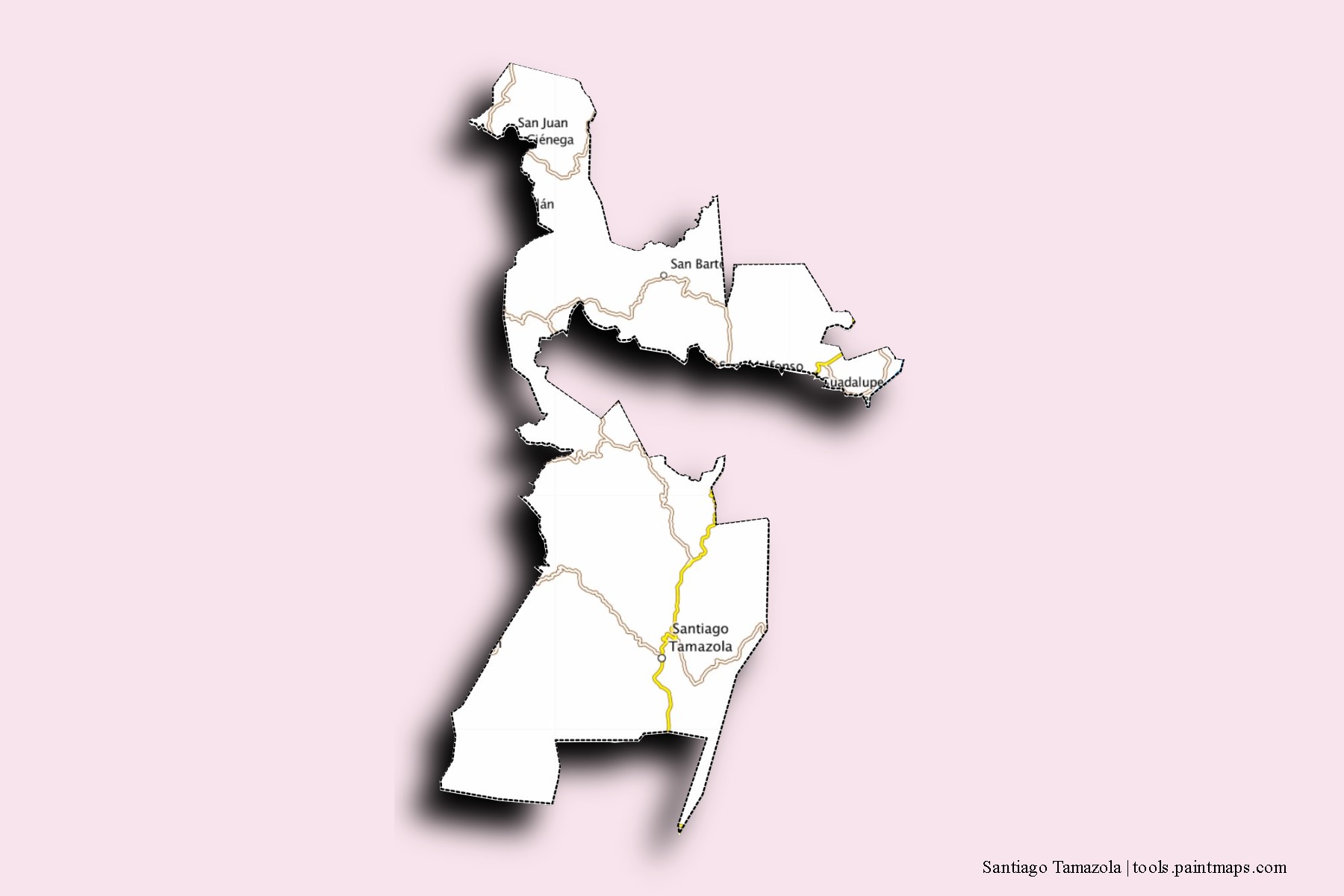 Mapa de barrios y pueblos de Santiago Tamazola con efecto de sombra 3D