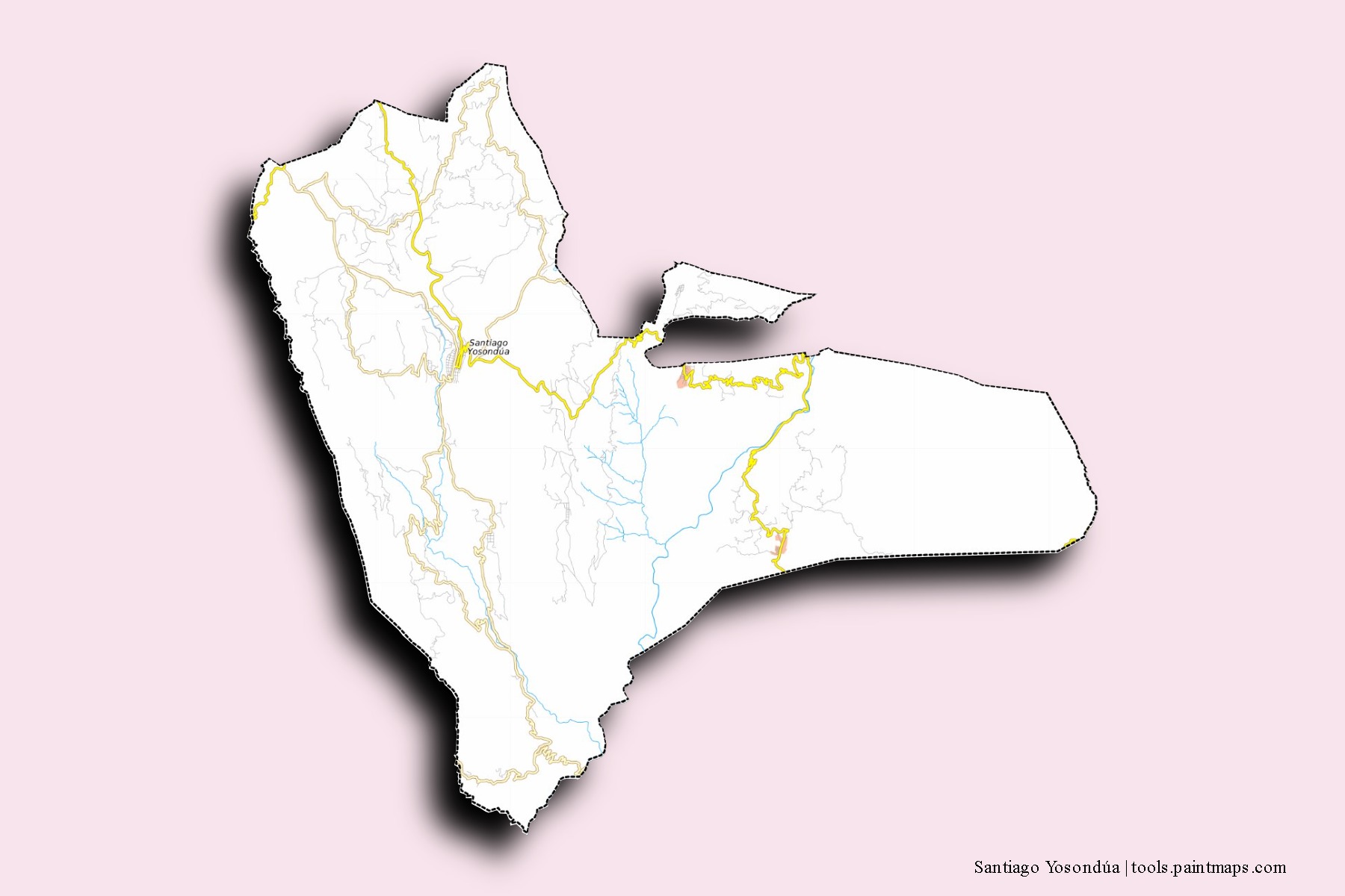 3D gölge efektli Santiago Yosondúa mahalleleri ve köyleri haritası