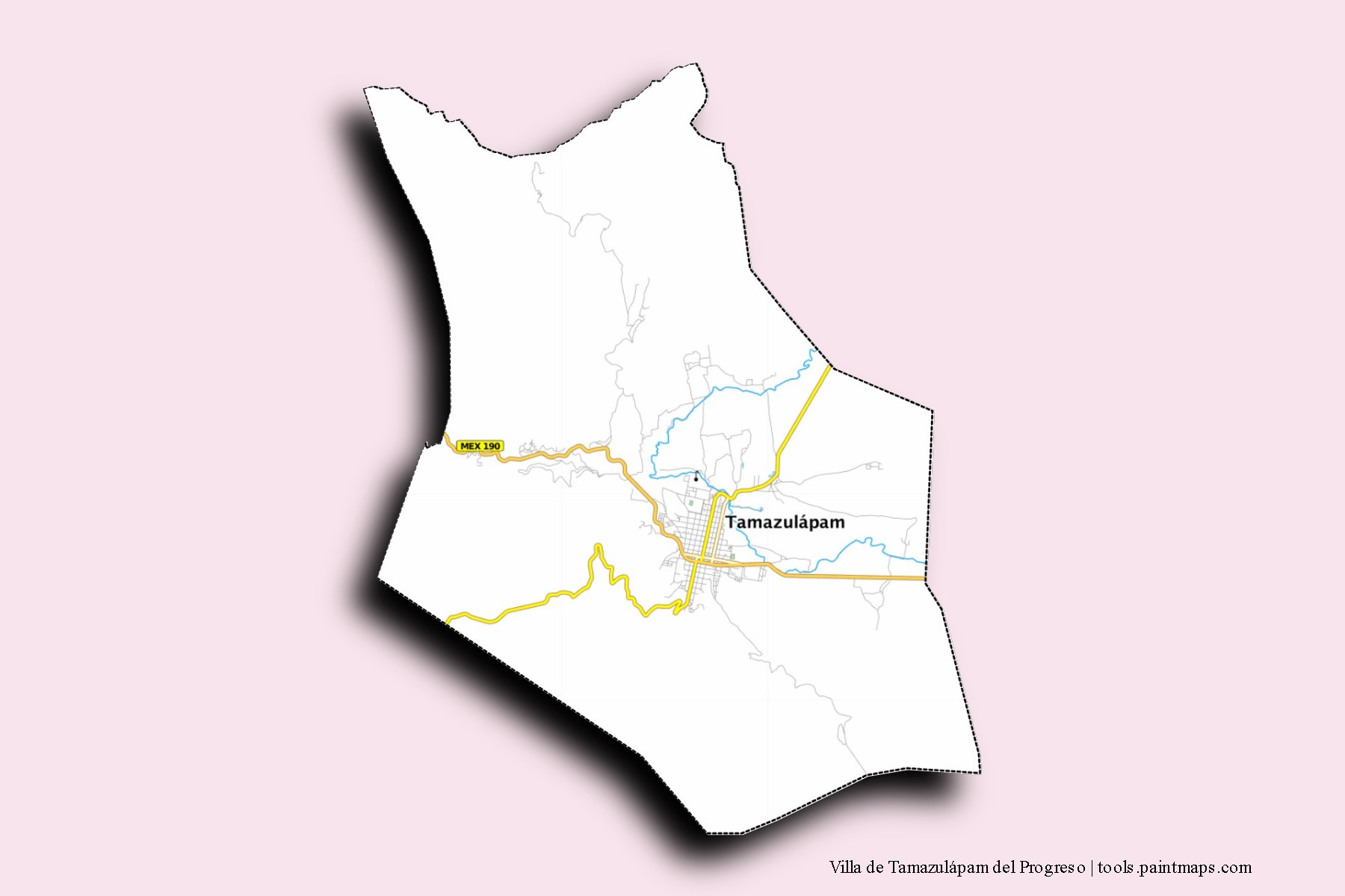 Mapa de barrios y pueblos de Villa de Tamazulápam del Progreso con efecto de sombra 3D