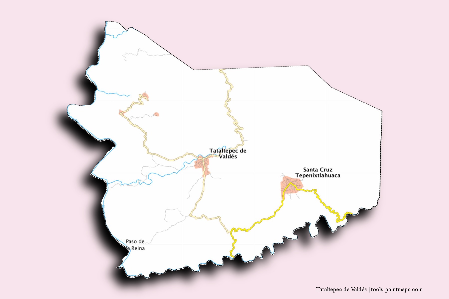 Mapa de barrios y pueblos de Tataltepec de Valdés con efecto de sombra 3D