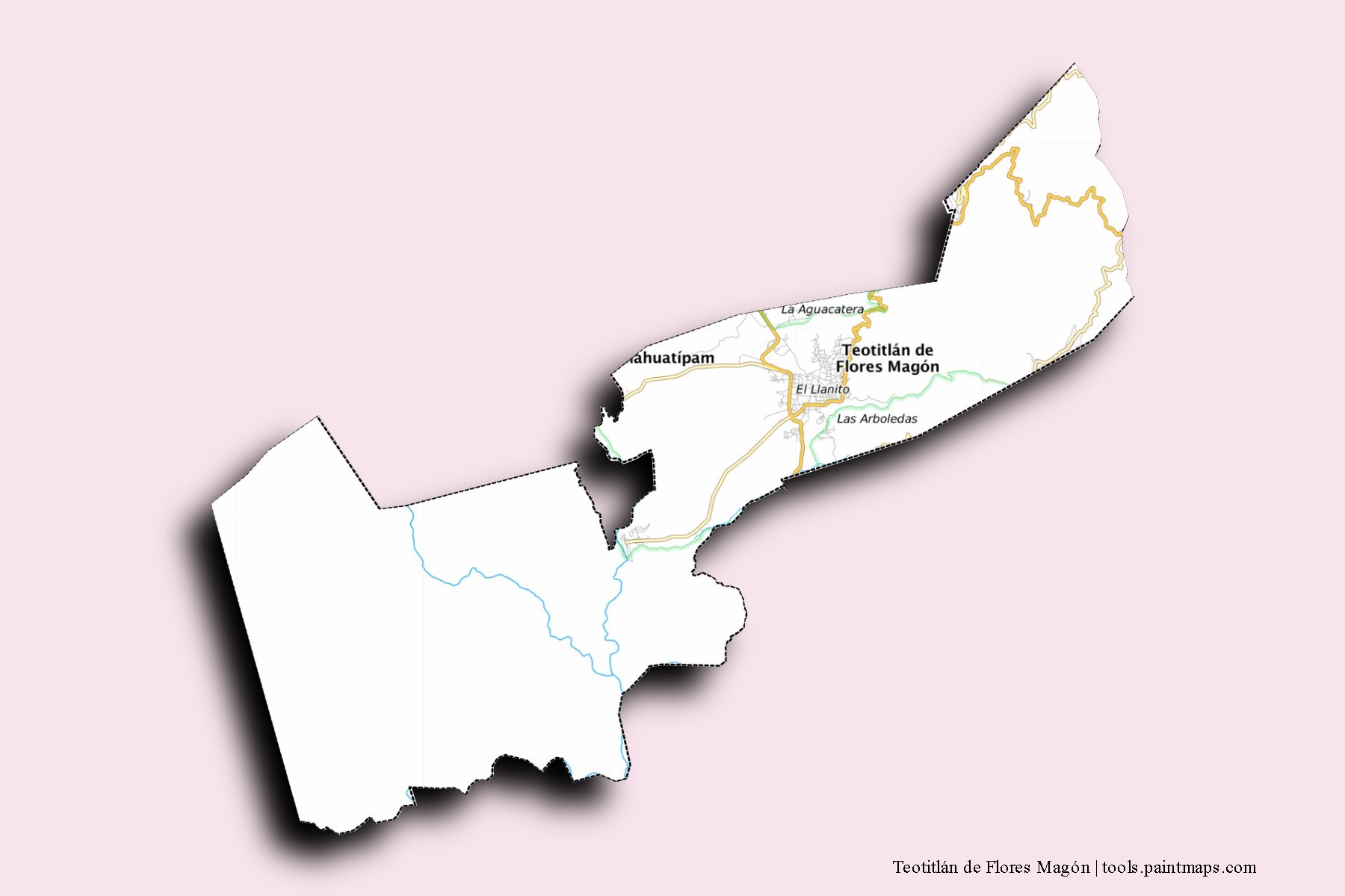 Mapa de barrios y pueblos de Teotitlán de Flores Magón con efecto de sombra 3D