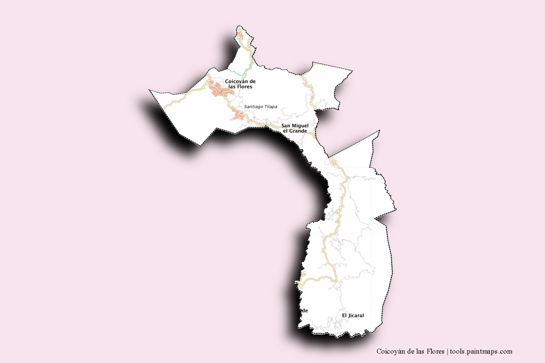 Coicoyán de las Flores neighborhoods and villages map with 3D shadow effect