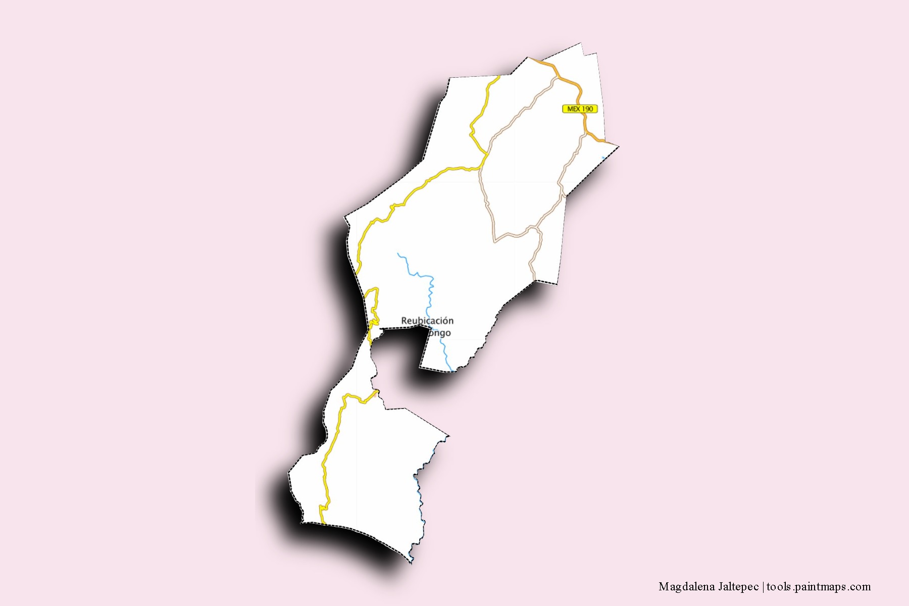 Mapa de barrios y pueblos de Magdalena Jaltepec con efecto de sombra 3D