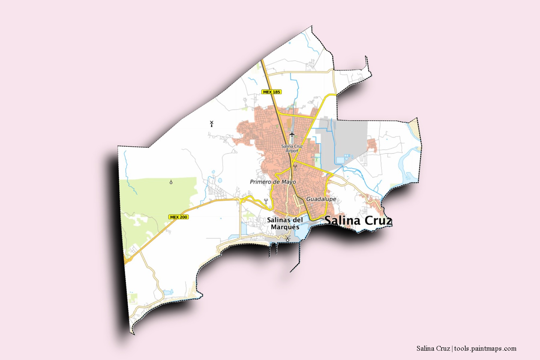 Salina Cruz neighborhoods and villages map with 3D shadow effect