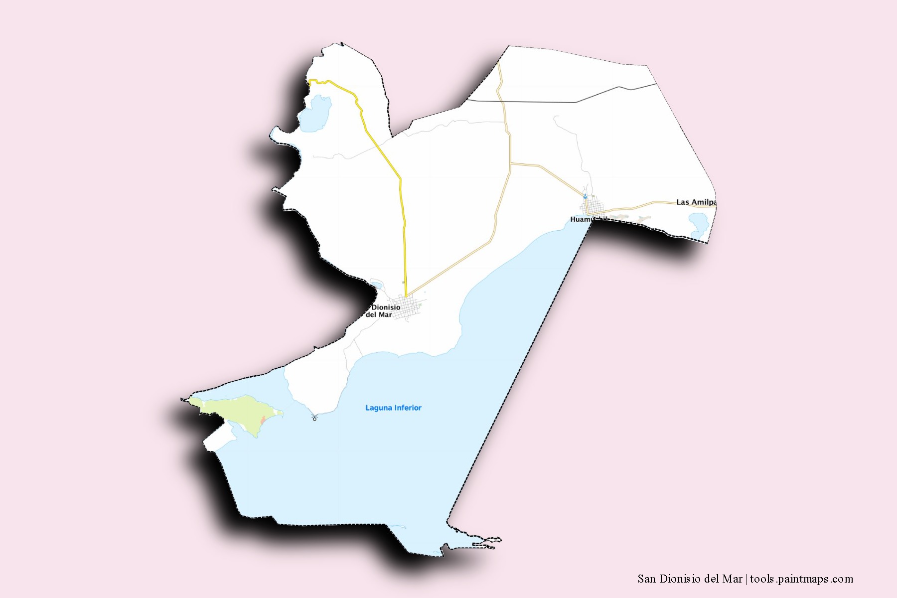 Mapa de barrios y pueblos de San Dionisio del Mar con efecto de sombra 3D