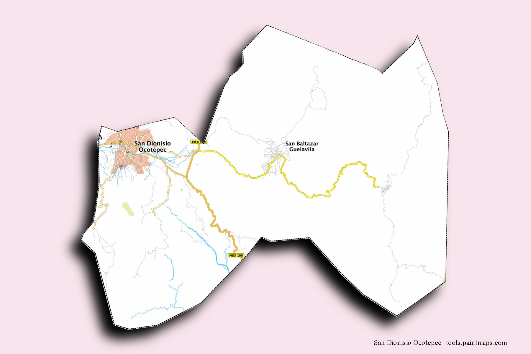 San Dionisio Ocotepec neighborhoods and villages map with 3D shadow effect