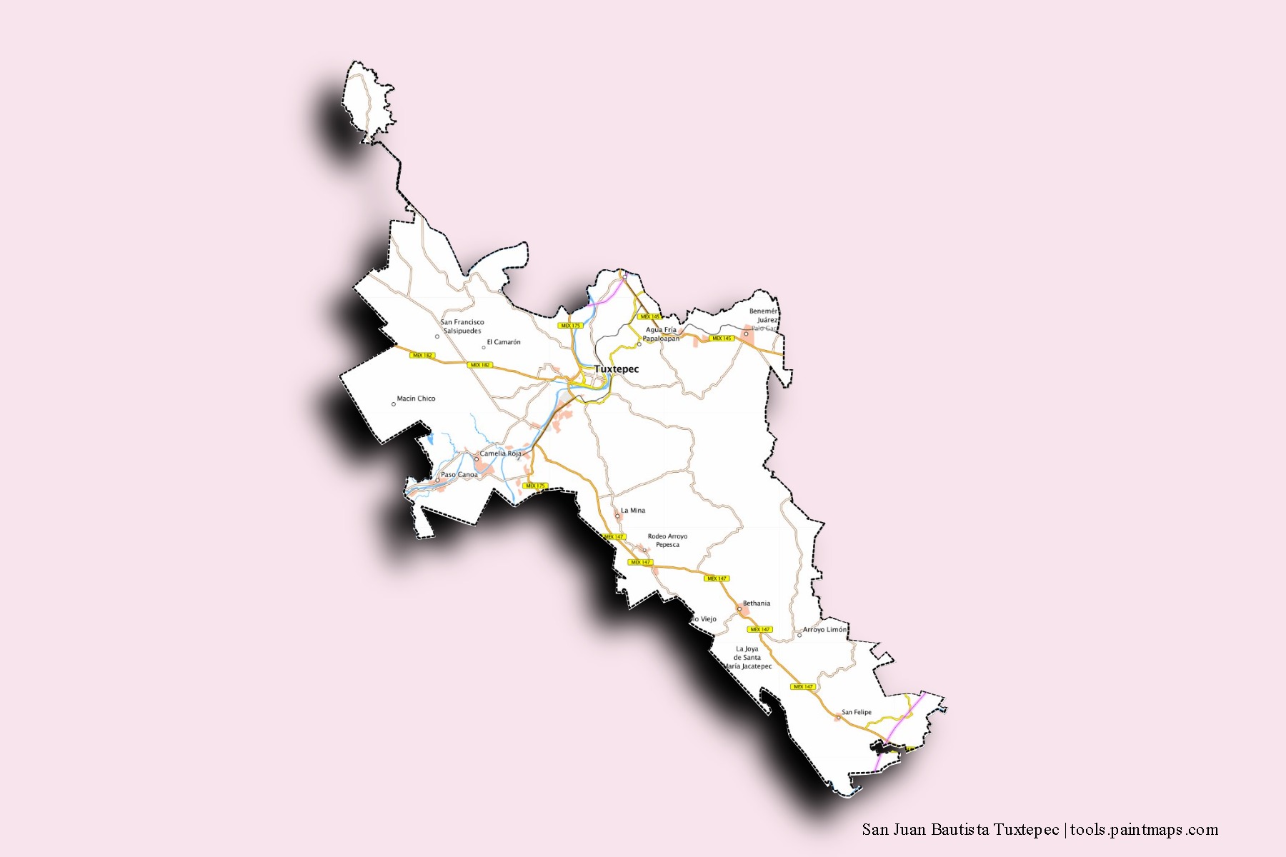 San Juan Bautista Tuxtepec neighborhoods and villages map with 3D shadow effect