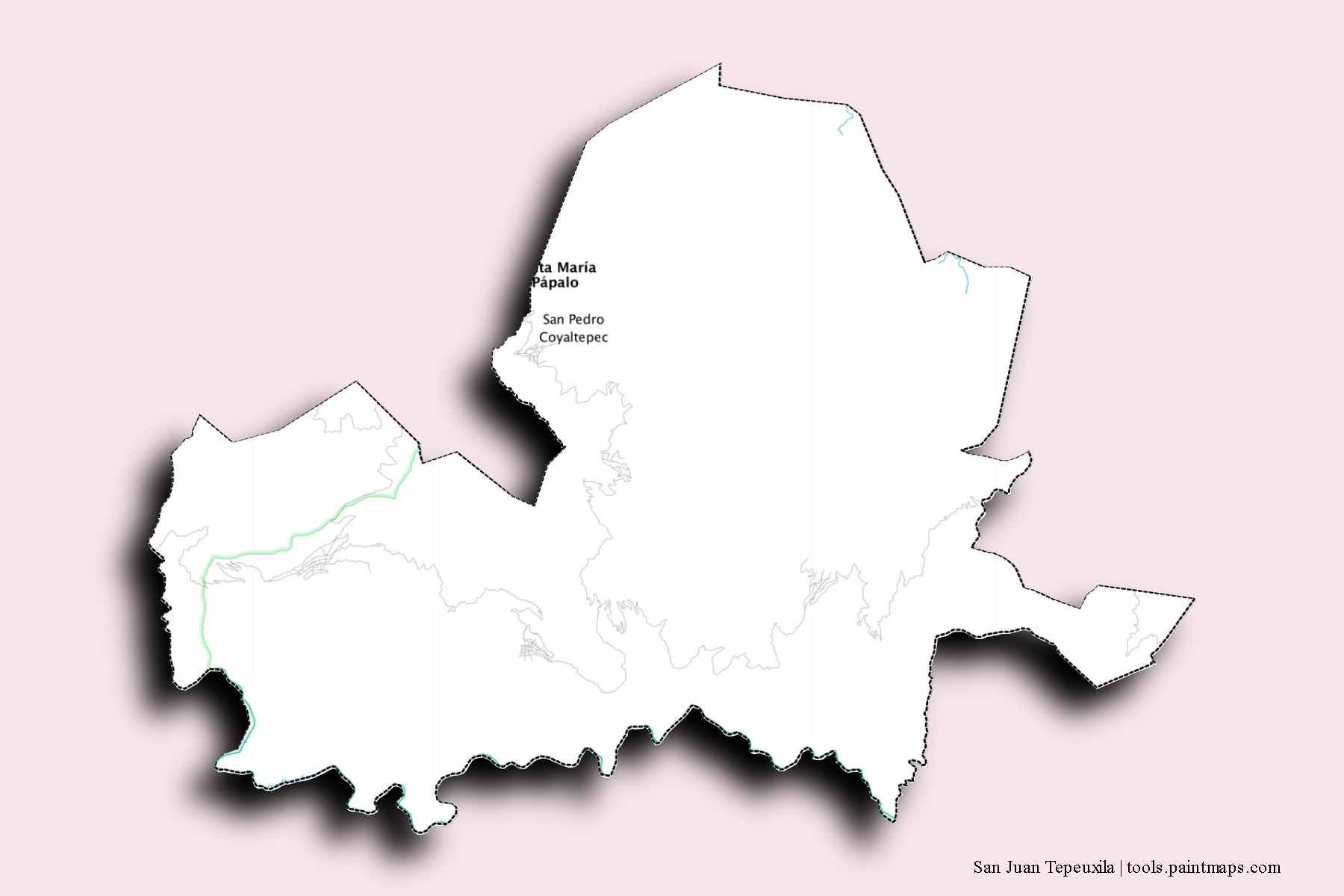 San Juan Tepeuxila neighborhoods and villages map with 3D shadow effect