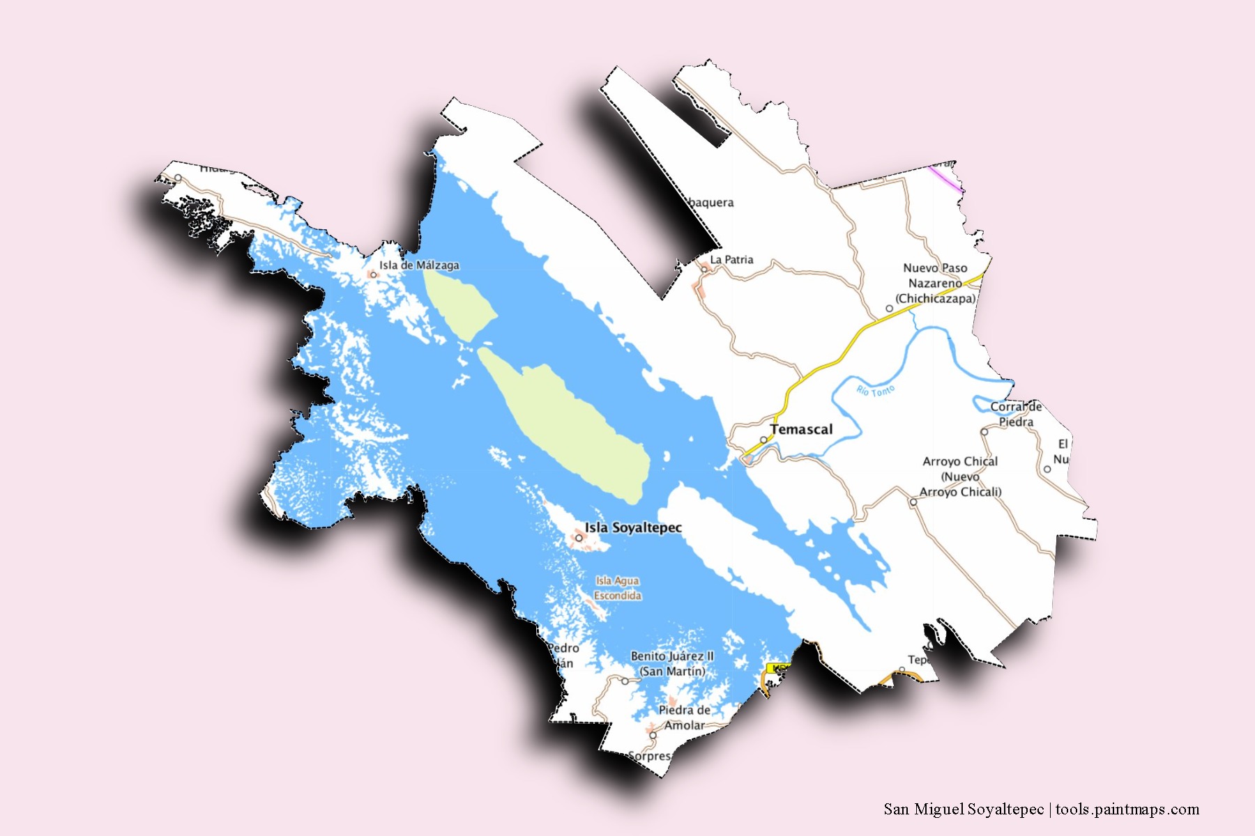 3D gölge efektli San Miguel Soyaltepec mahalleleri ve köyleri haritası