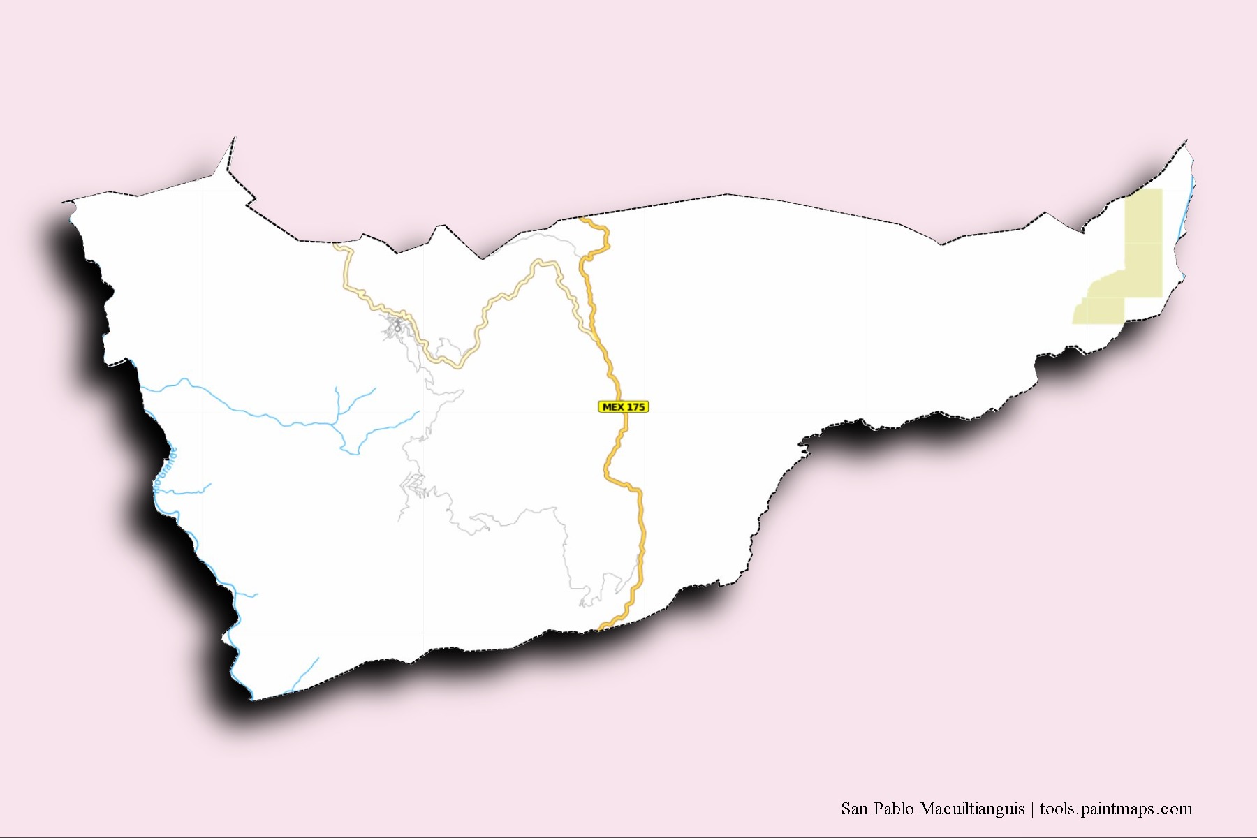 3D gölge efektli San Pablo Macuiltianguis mahalleleri ve köyleri haritası