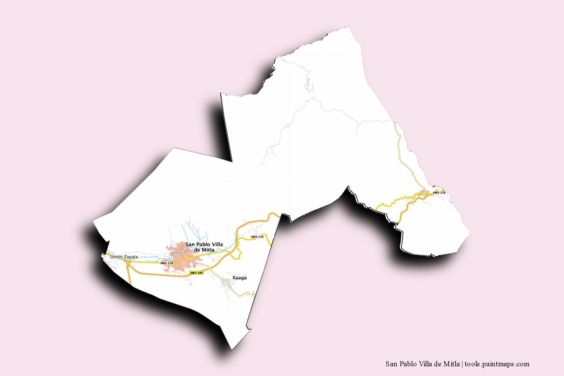 3D gölge efektli San Pablo Villa de Mitla mahalleleri ve köyleri haritası