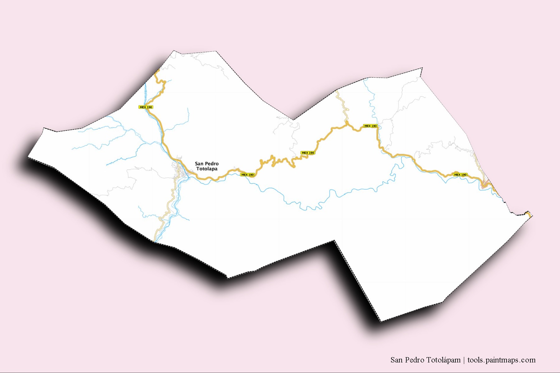 Mapa de barrios y pueblos de San Pedro Totolápam con efecto de sombra 3D