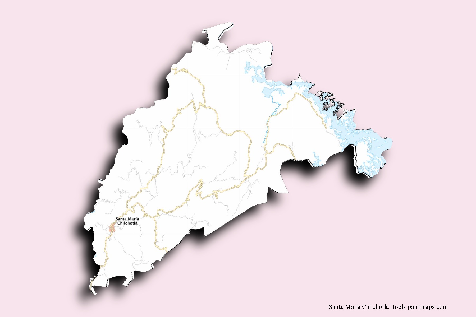 Mapa de barrios y pueblos de Santa María Chilchotla con efecto de sombra 3D