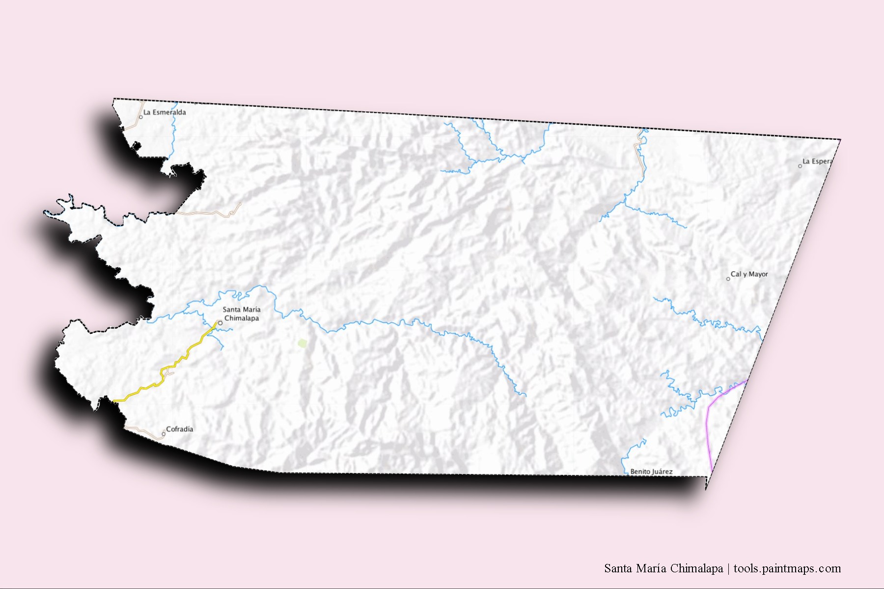 Santa María Chimalapa neighborhoods and villages map with 3D shadow effect