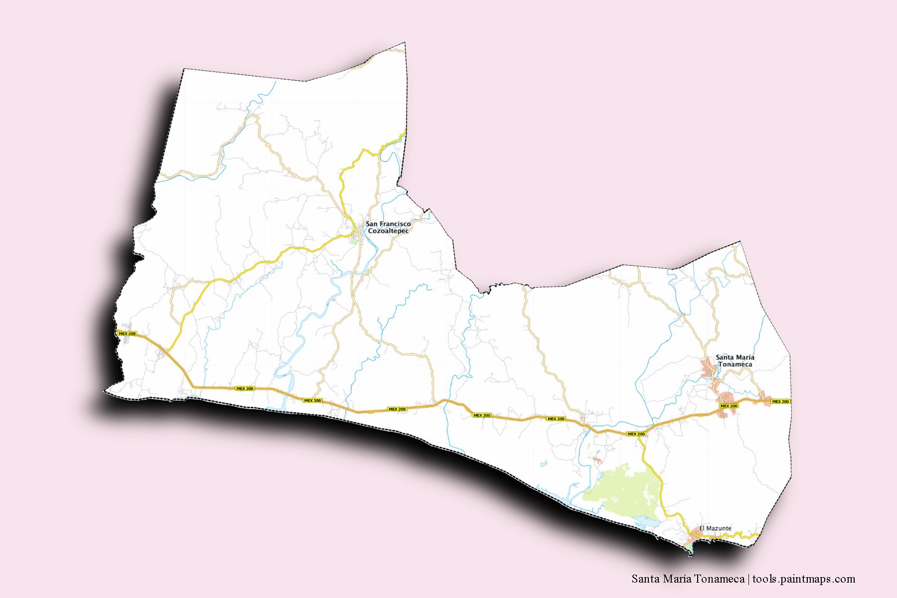 Mapa de barrios y pueblos de Santa María Tonameca con efecto de sombra 3D