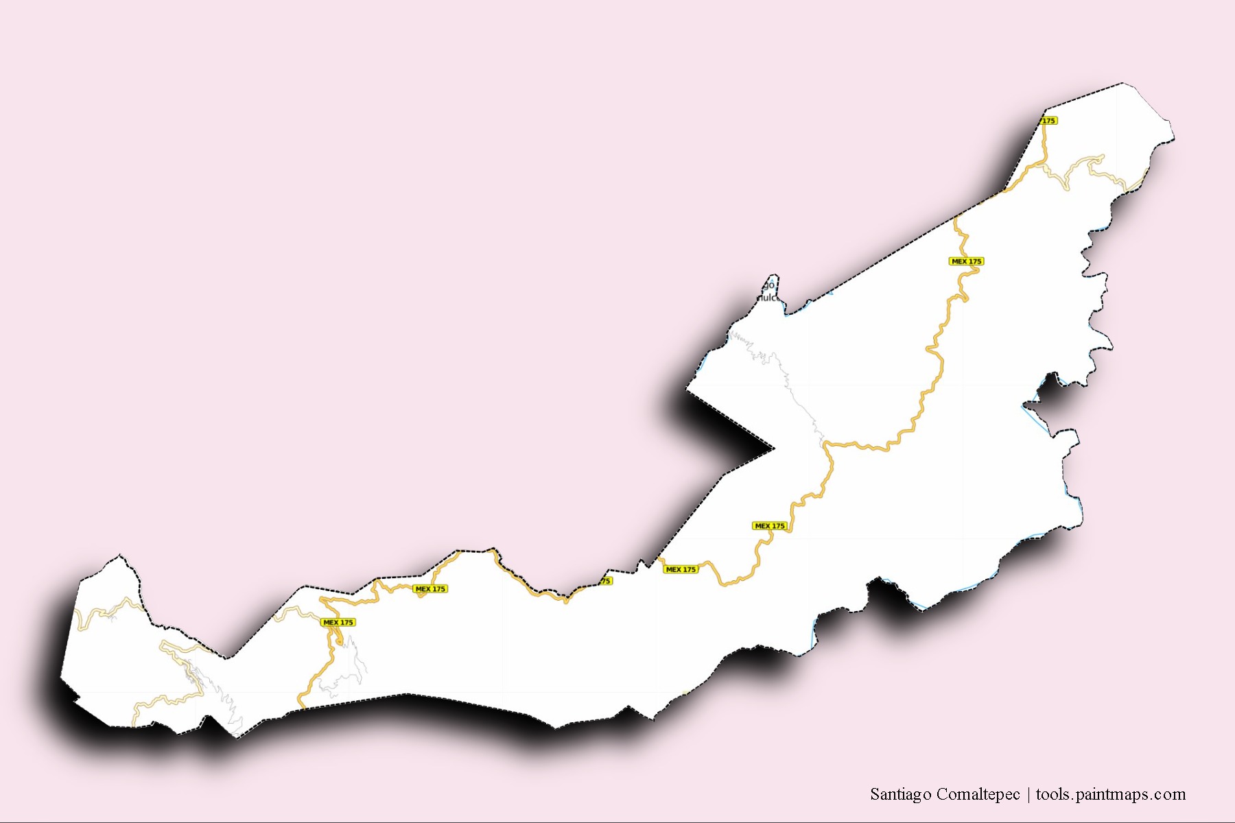 Santiago Comaltepec neighborhoods and villages map with 3D shadow effect