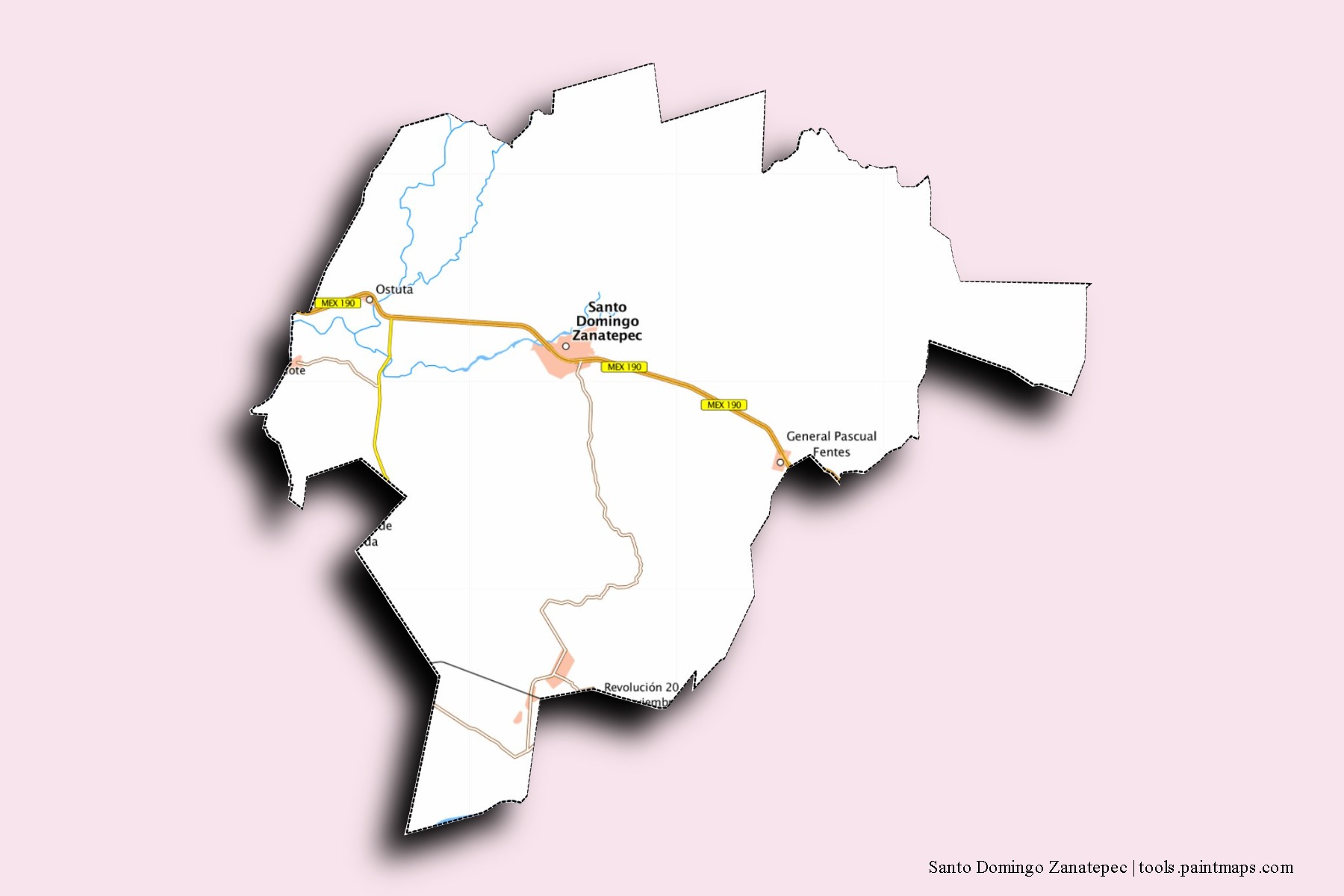 Santo Domingo Zanatepec neighborhoods and villages map with 3D shadow effect