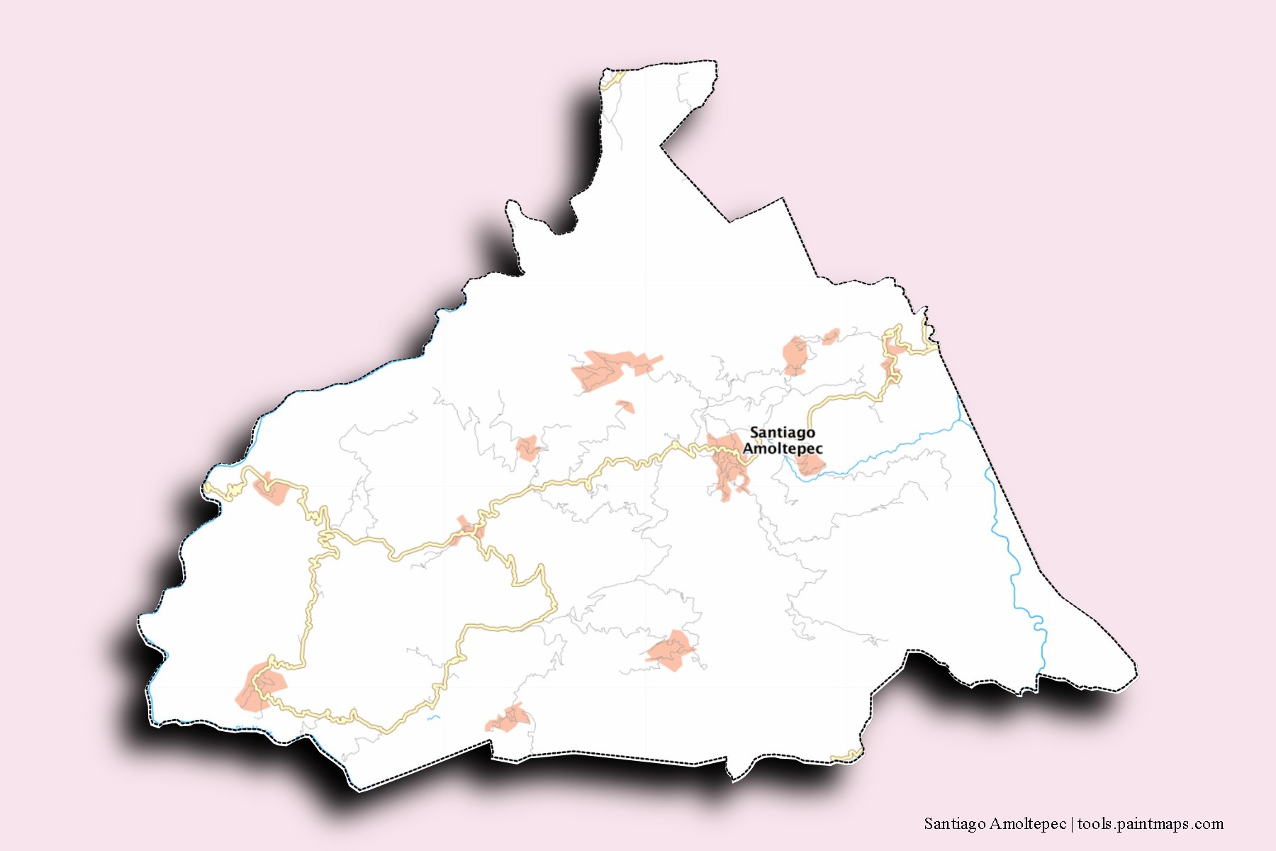 3D gölge efektli Santiago Amoltepec mahalleleri ve köyleri haritası