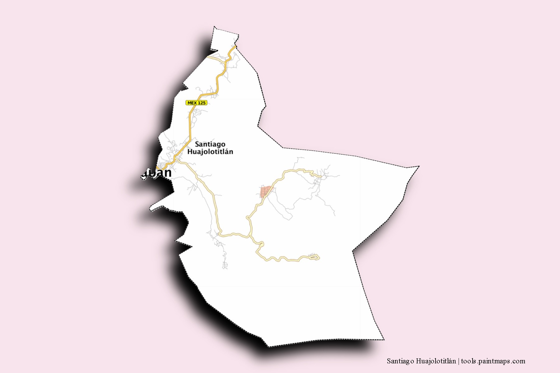 Mapa de barrios y pueblos de Santiago Huajolotitlán con efecto de sombra 3D