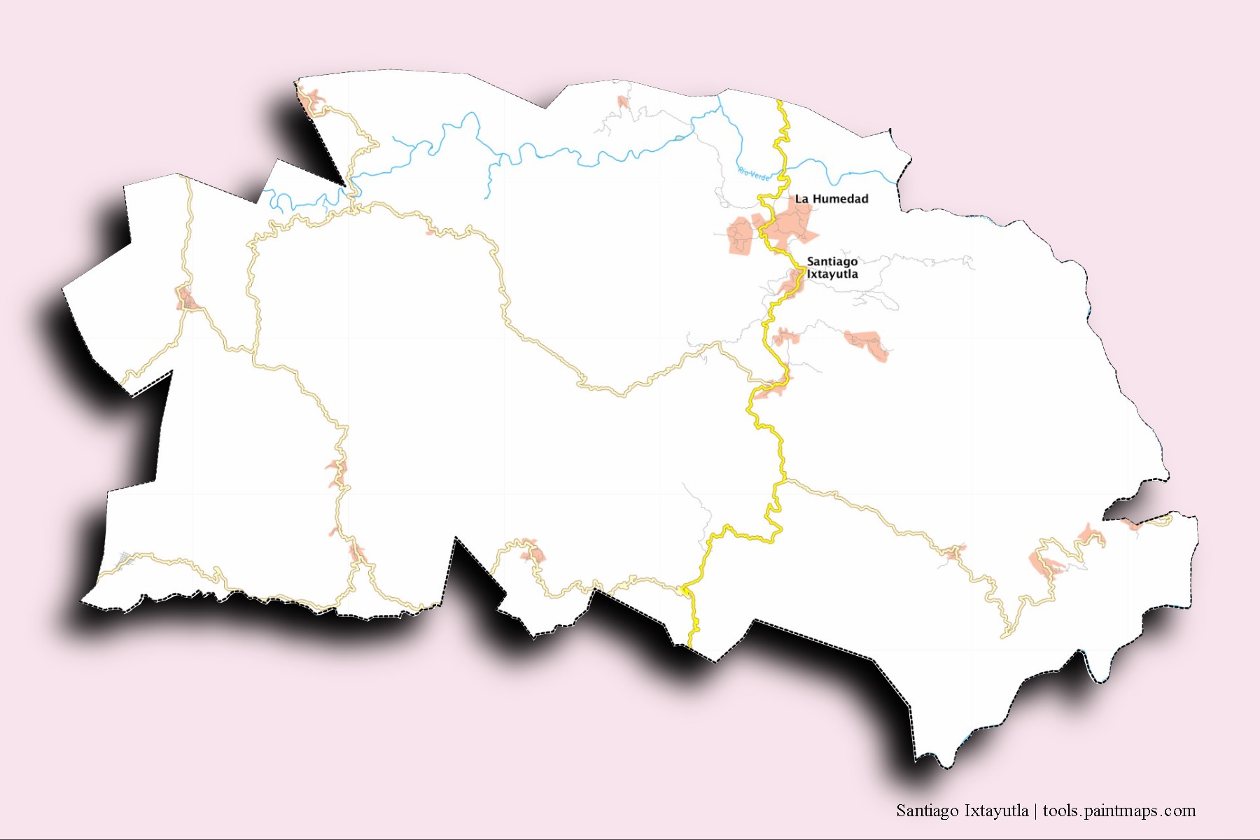 Santiago Ixtayutla neighborhoods and villages map with 3D shadow effect