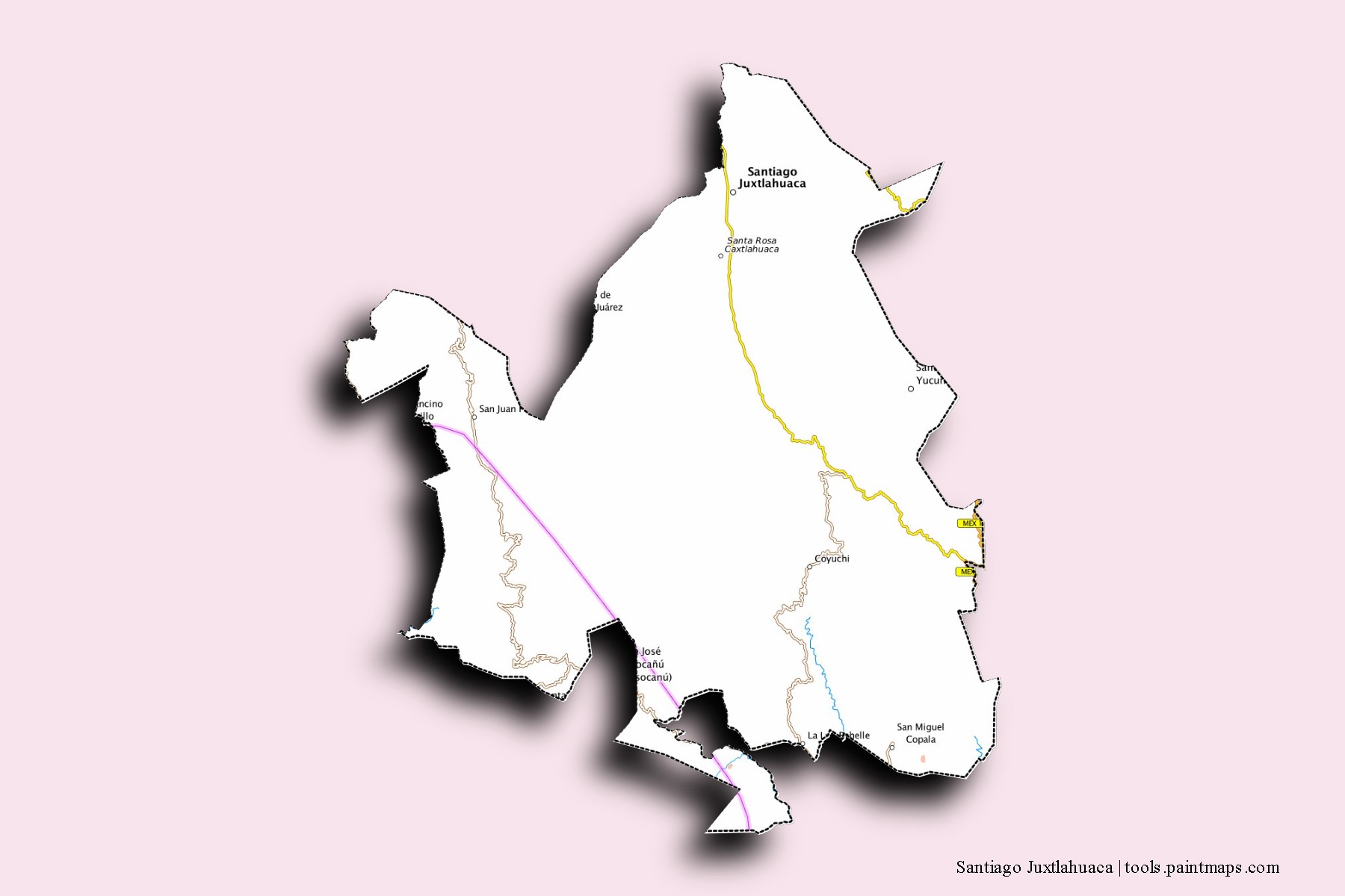 Mapa de barrios y pueblos de Santiago Juxtlahuaca con efecto de sombra 3D