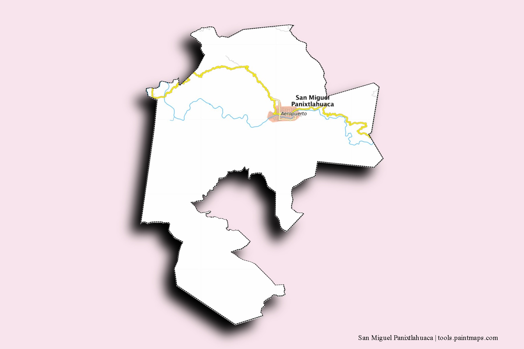 Mapa de barrios y pueblos de San Miguel Panixtlahuaca con efecto de sombra 3D